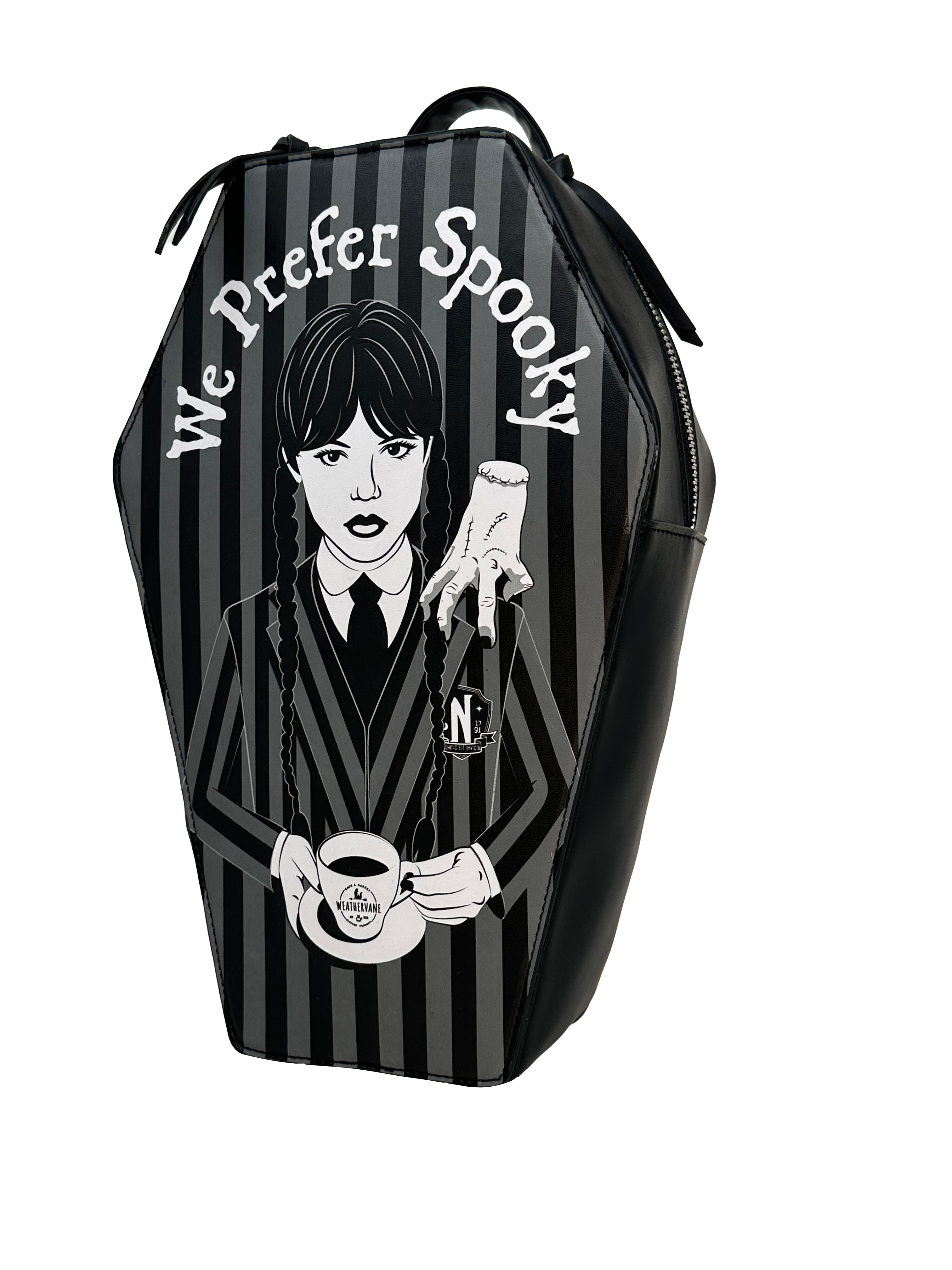 Officially Licensed TV series Wednesday Coffin Shaped We Prefer Spooky Black Mini Backpack, Kawaii Cosplay Youth and Adult Bag, Adjustable shoulder