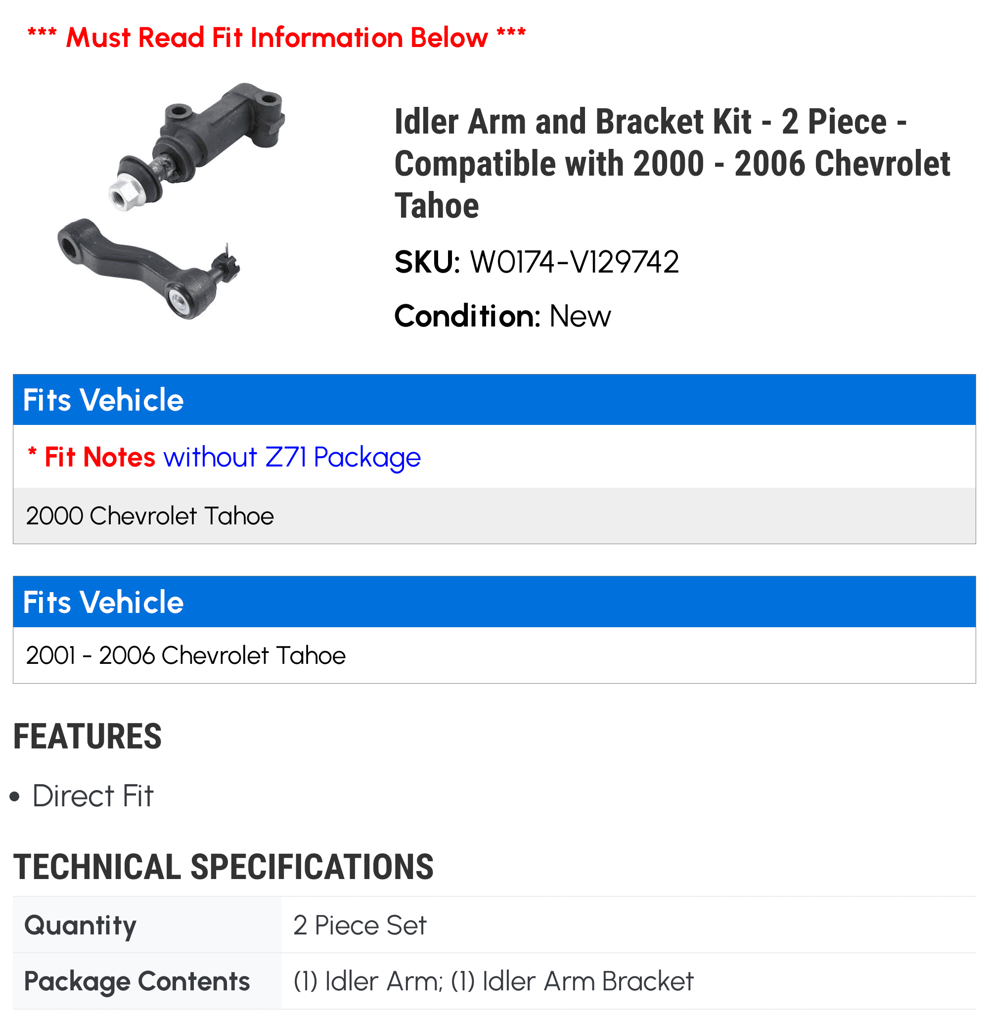 Idler Arm and Bracket Kit - 2 Piece - Compatible with 2000 - 2006 Chevy Tahoe 2001 2002 2003 2004 2005