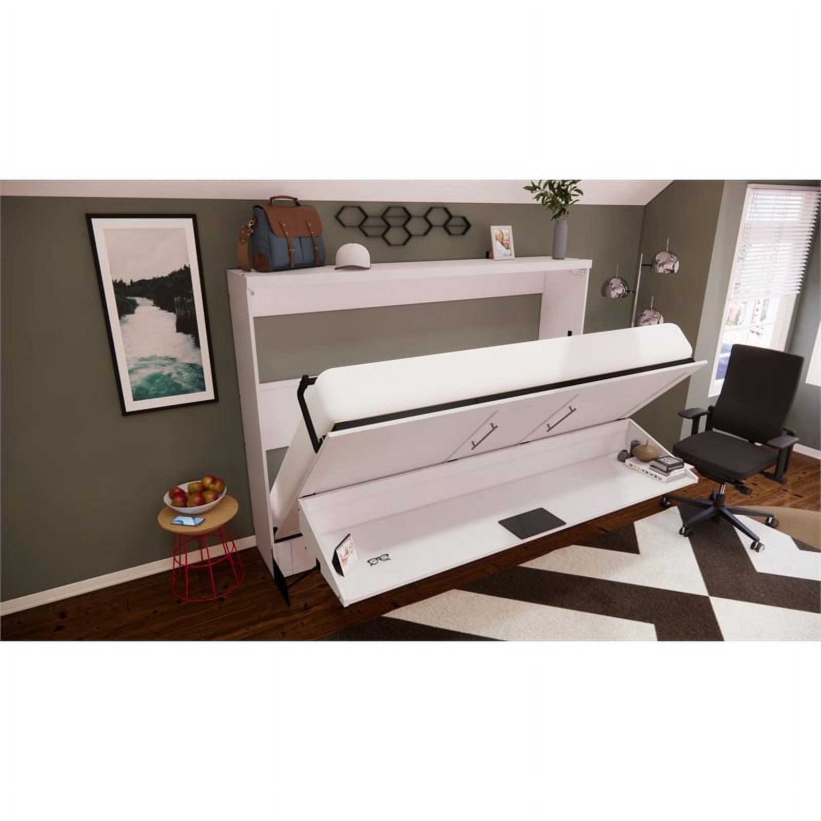Pemberly Row Transitional Lateral Queen Solid Wood Murphy Wall Desk Bed in White