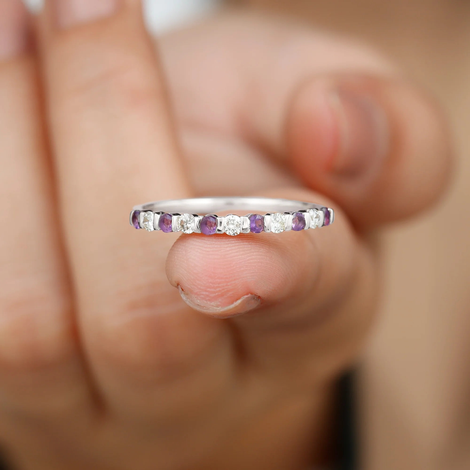 1/4 CT Amethyst and Moissanite Stackable Ring in Bar Set, 925 Sterling Silver, US 4.00