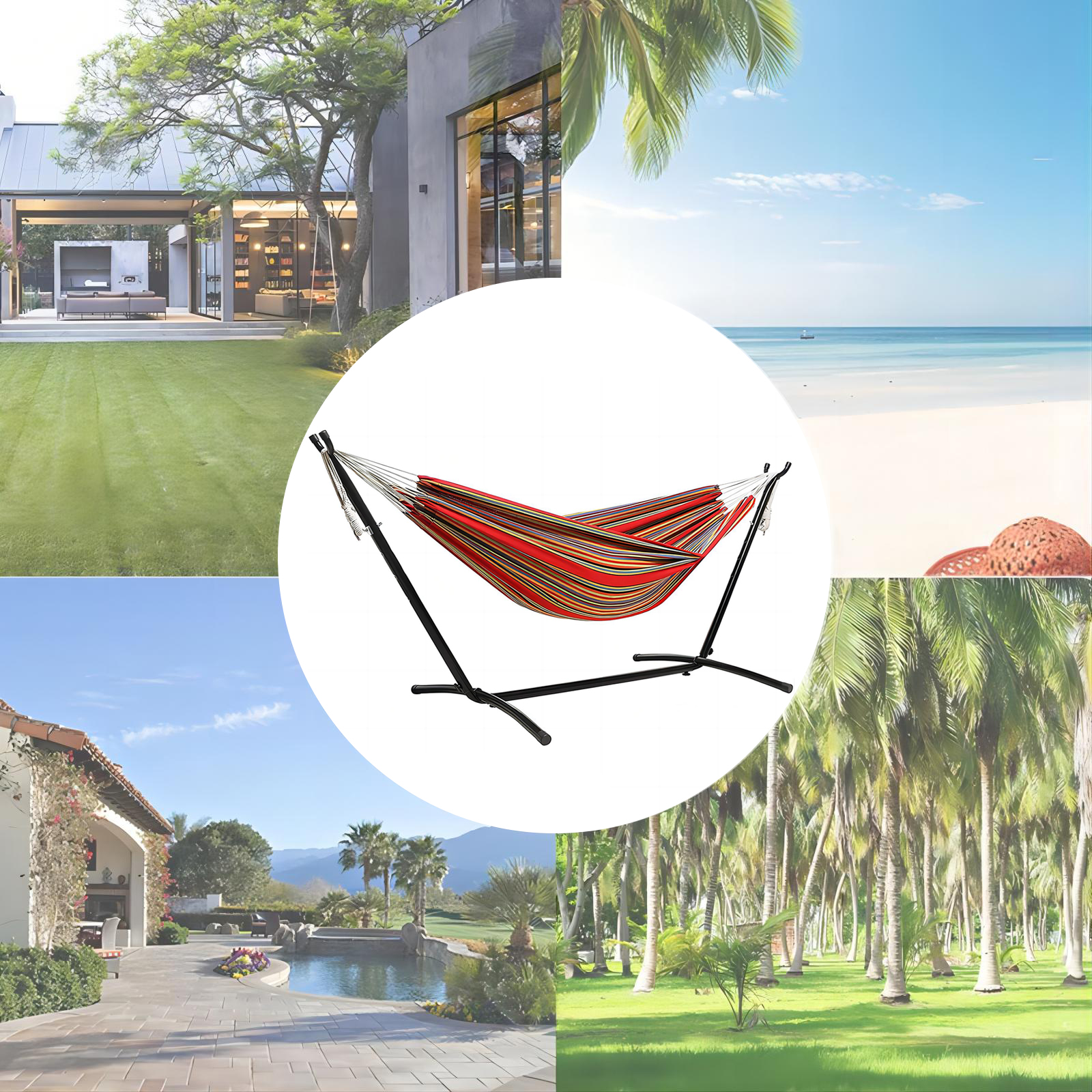 Inolait 2-Person Brazilian-Style Cotton Double Hammock with Stand Set with Carrying Bag - Red Stripes