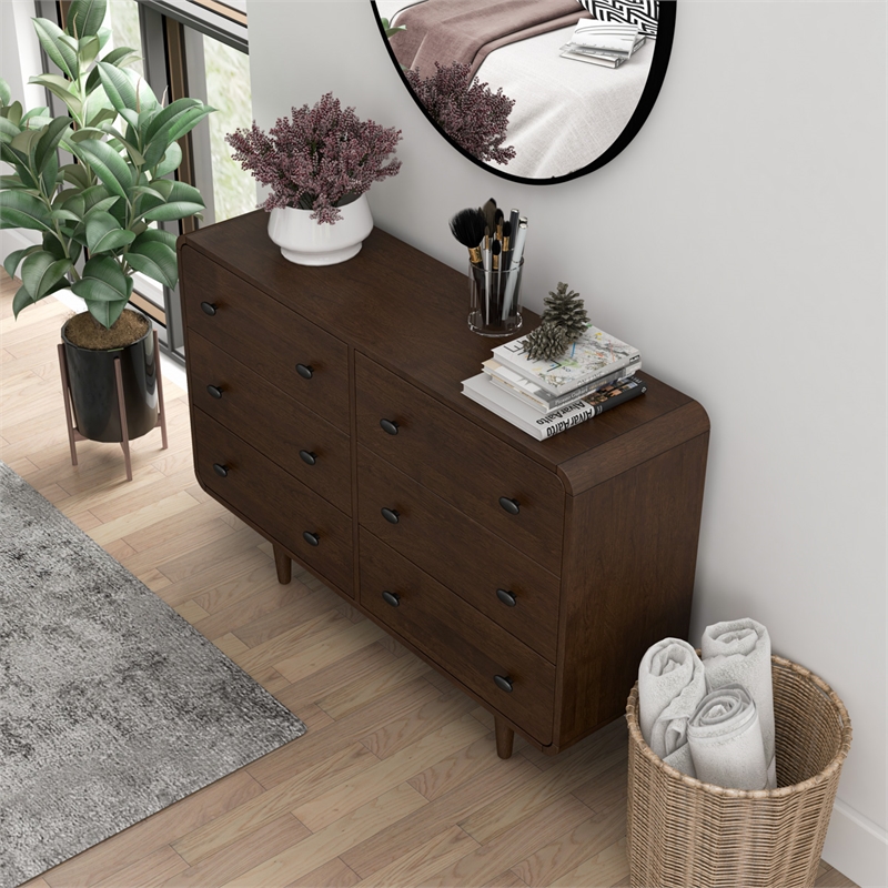 Pemberly Row Mid-Century 6-Drawer Double-Dresser Solid Wood in Brown