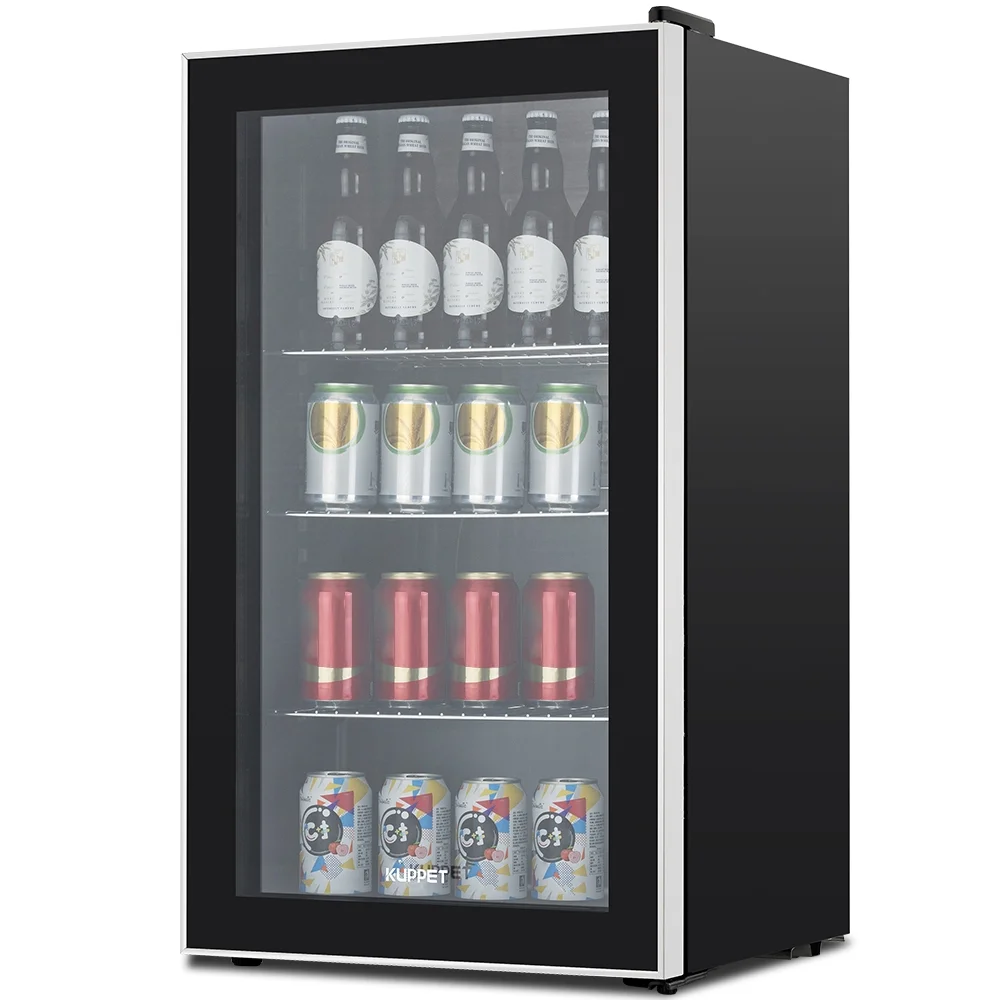 KUPPET 120-Can Beverage Cooler and Refrigerator, Small Mini Fridge for Home, Office or Bar with Glass Door, Perfect for Soda Beer or Wine, Black&Stainless Steel, 3.1 Cu.Ft