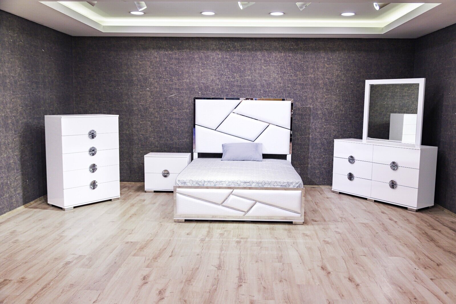 Modern 6pc White Padded Headboard Mirrored Accents King Bed Dresser Mirror Nightstand Chest Set Unique Drawer Hardware