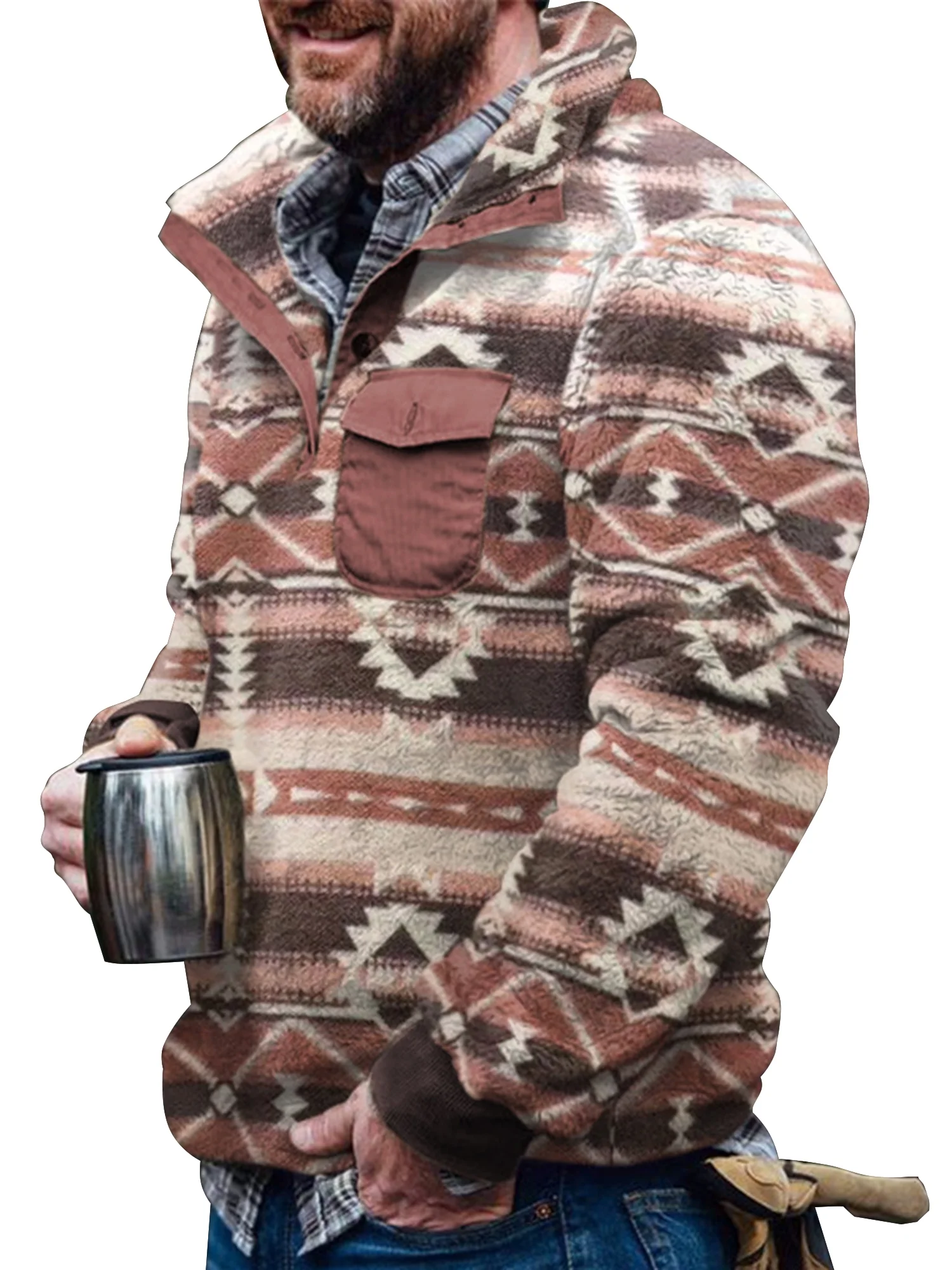 Capreze Men Plaid Shirt Double-Sided Plush Jacket Long Sleeve Casual Pullover Turn-down Neck Button Thickened Winter Warm Shirts with Pocket