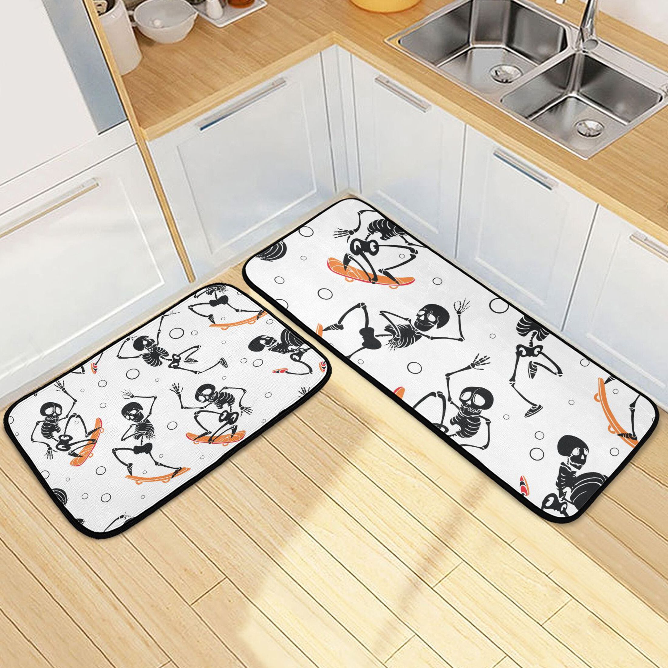 Jumping Skeletons Haloween Kitchen Rugs Set of 2 Non Slip Floor Foam Mat Cushioned Soft Waterproof Carpet Runner for Dining Room Laundry