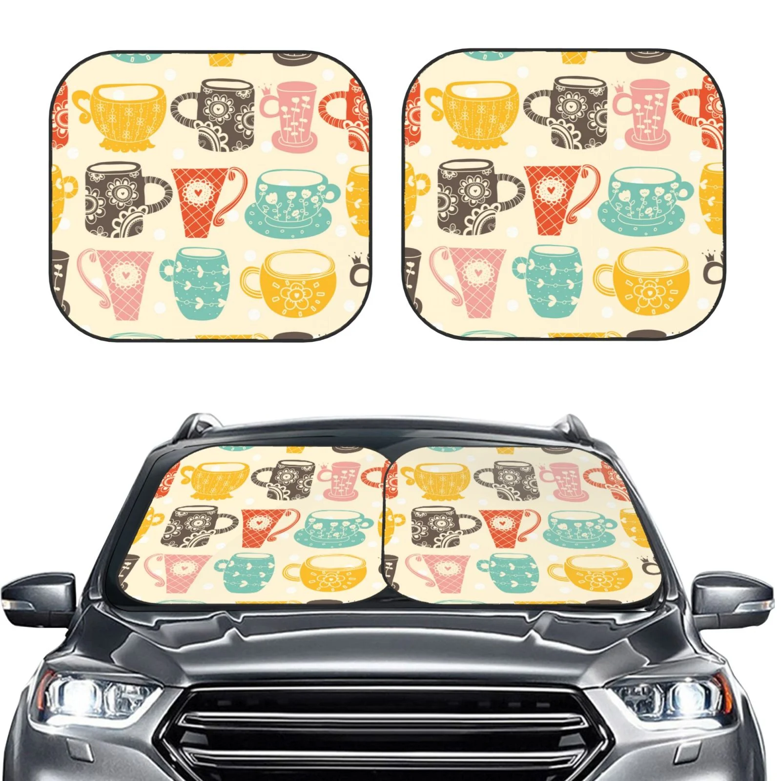 Lukts Vintage Cup Print 2 Piece Car Sun Shade Windshield,Foldable Car Shade Front Windshield With Keeps Your Vehicle Cool, For Most Sedans Suv And Trucks - Small