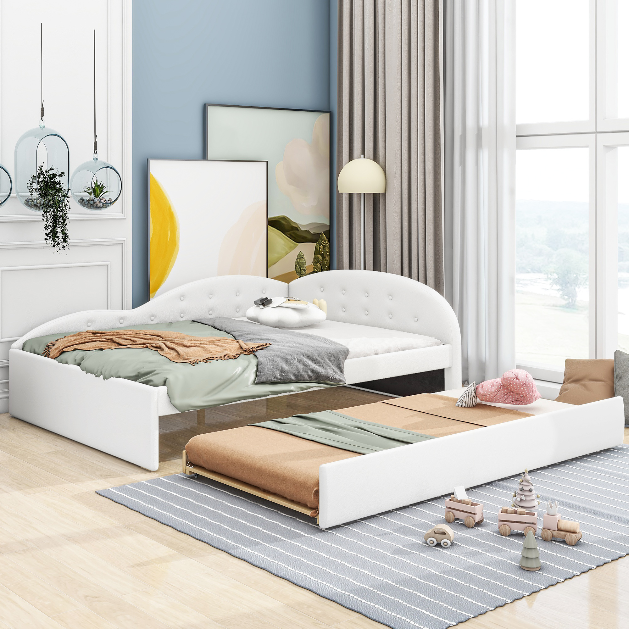 CoSoTower Full Size PU Upholstered Tufted Daybed with Trundle and Cloud Shaped Guardrail, White