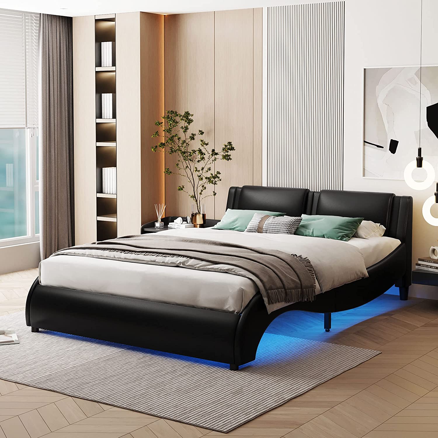 YINCHEN Full Size Upholstered Platform Bed with LED Lights Underneath,Faux Leather Upholstered Bed Frame with Headboard and Slatted for Bedroom(Full,Black)