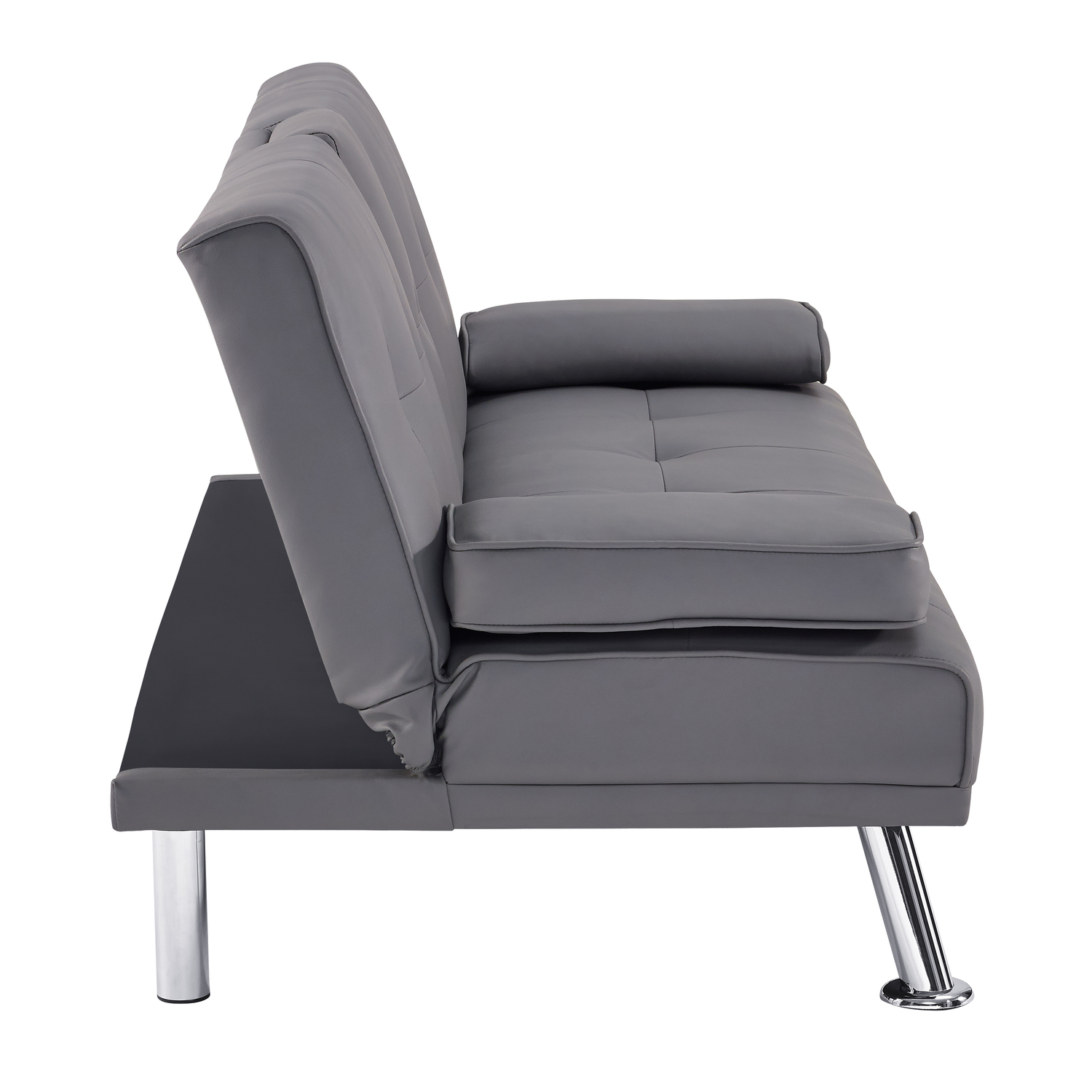 Convertible Faux Leather Futon Sofa Bed, Folding Sofa Couch with arm rest, 2 cup holders and Chrome metal Legs, Gray