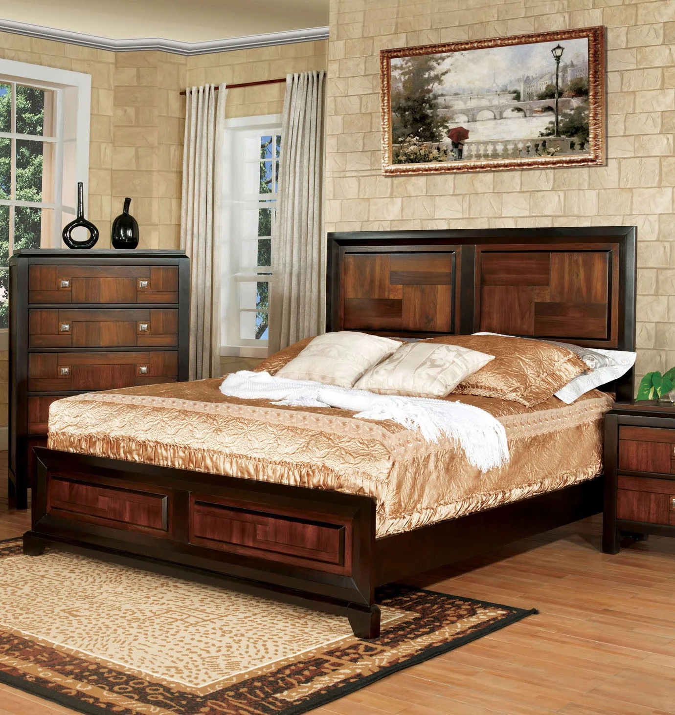 6pc Bedroom Furniture Set Eastern King Size Bed Dresser Mirror 2x Nightstands Chest Gorgeous Two Tone Walnut Solid wood Acacia