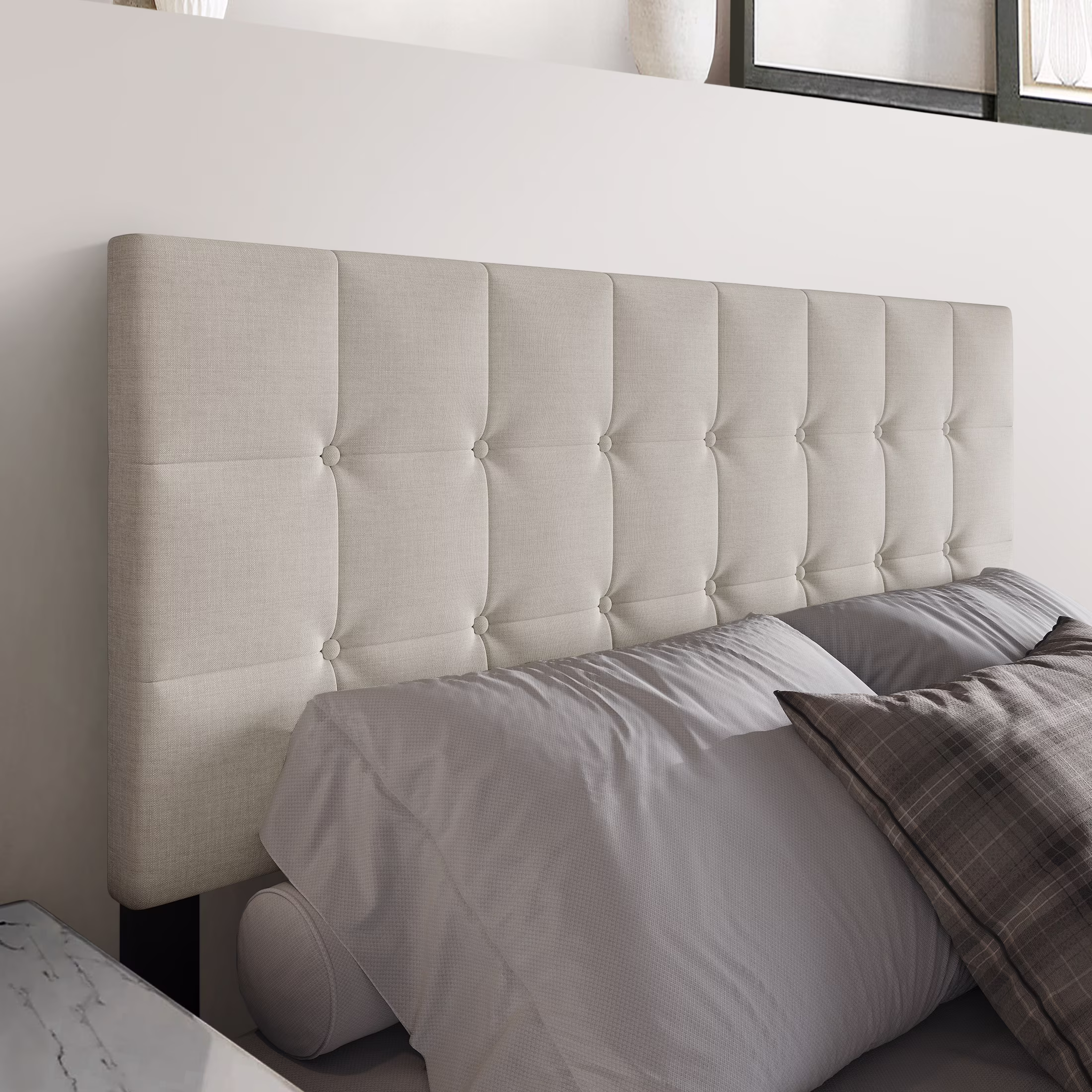 Castle Place Classic Square Button-Tufted Linen King Upholstered Headboard, Warm Grey