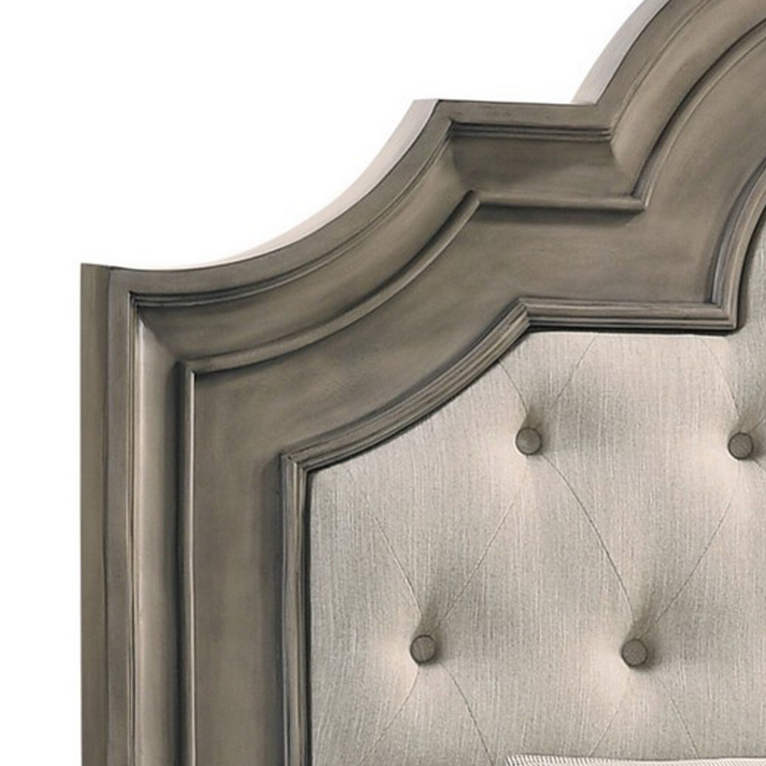 Benjara  Fabric Upholstery Scalloped & Arched Headboard Bem King Size Bed, Cream & Light Gray