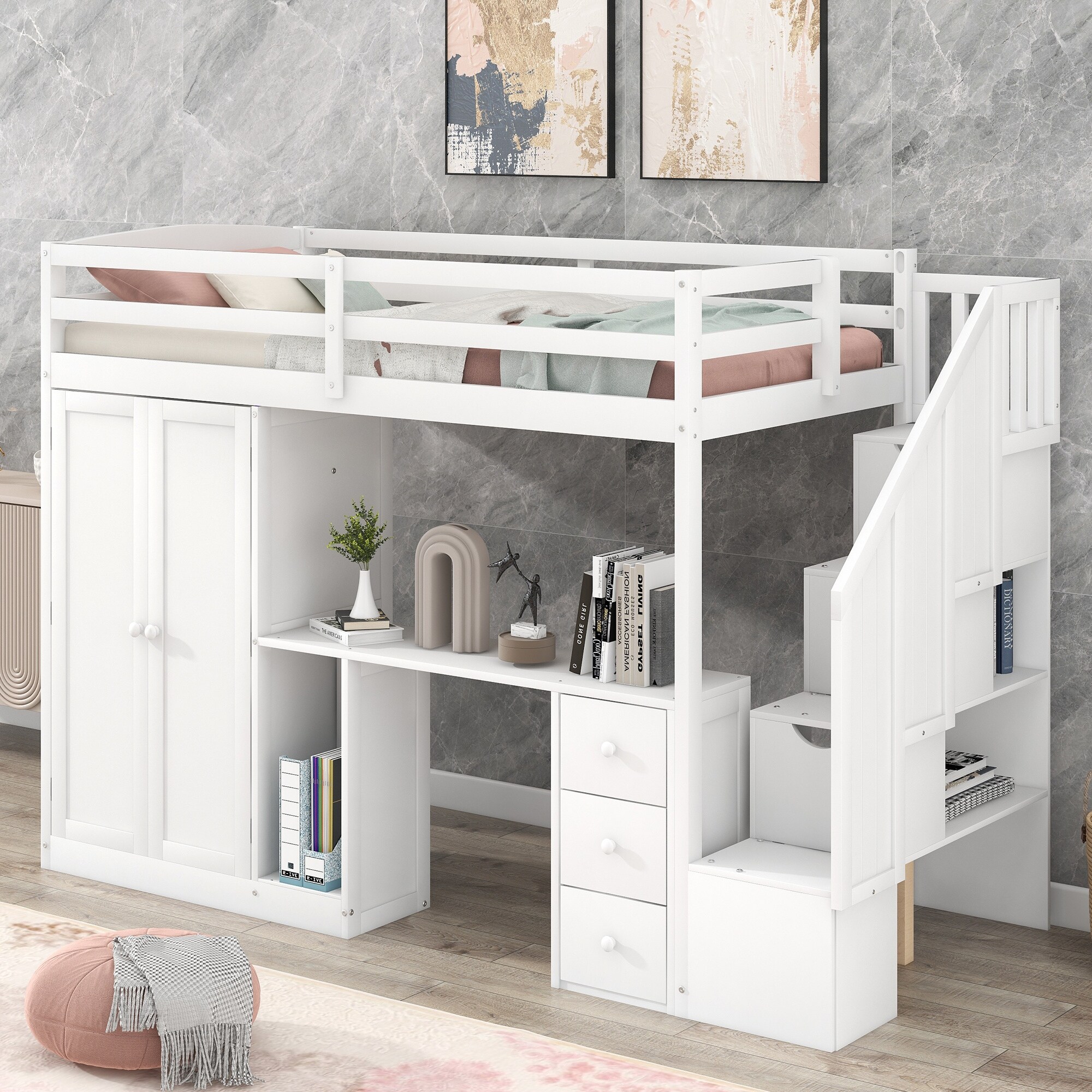 YJTONWIN Twin Size Loft Bed with Wardrobe Stairs Desk Storage White