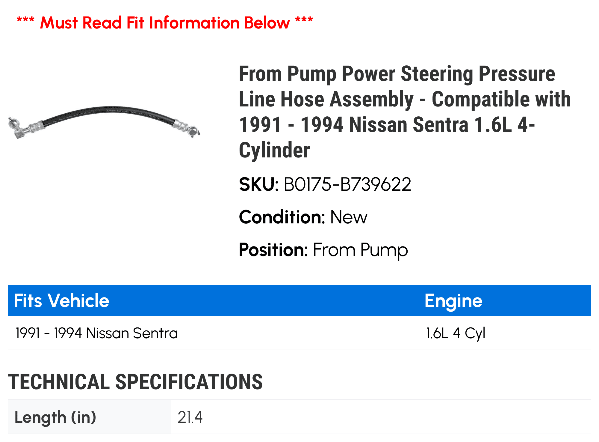 From Pump Power Steering Pressure Line Hose Assembly - Compatible with 1991 - 1994 Nissan Sentra 1.6L 4-Cylinder 1992 1993