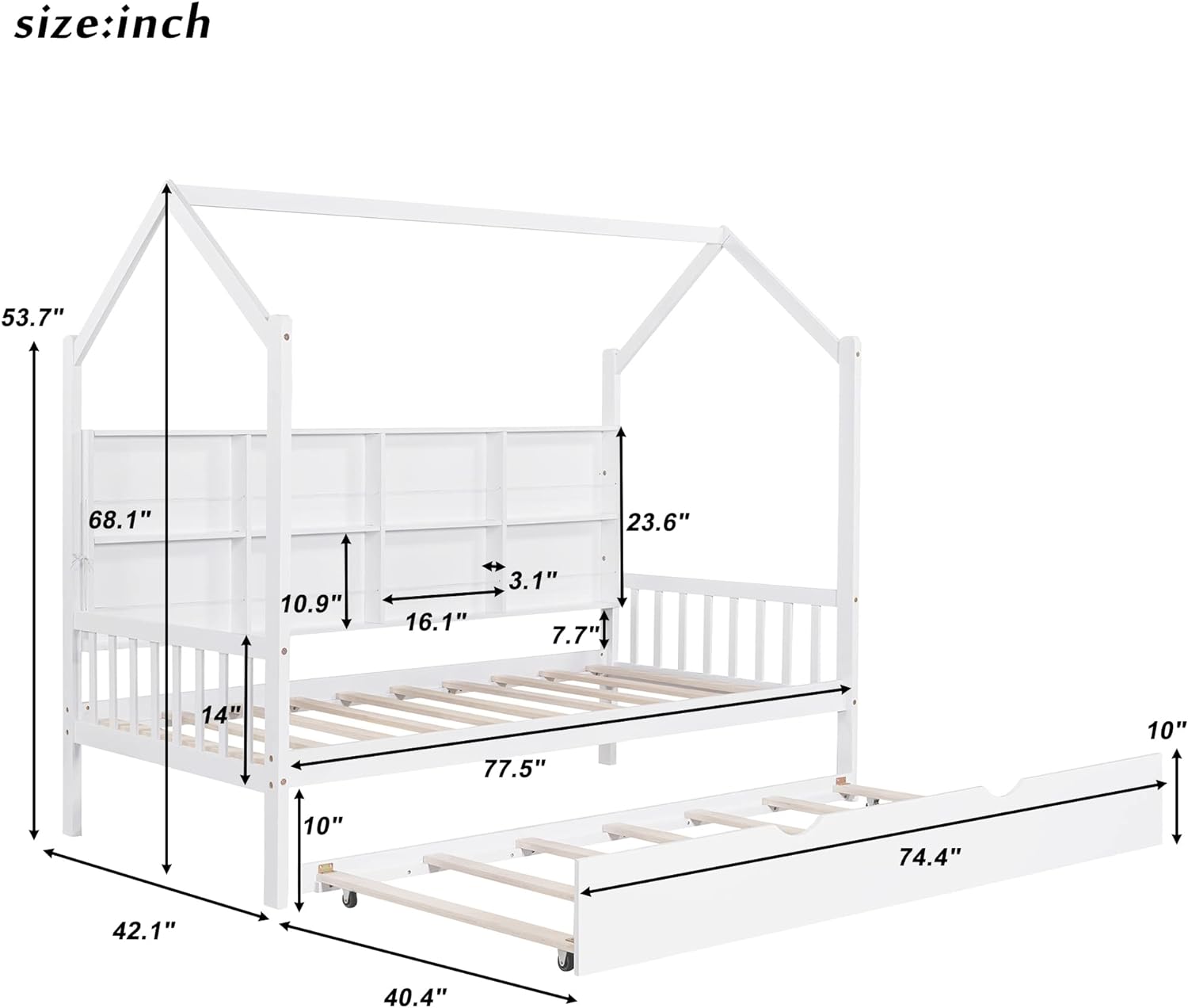 Size House Beds With Trundle And Storage Shelves For Kids Montessori Bed Wood Playhouse Tent Bed Frame For Girls Boys, White