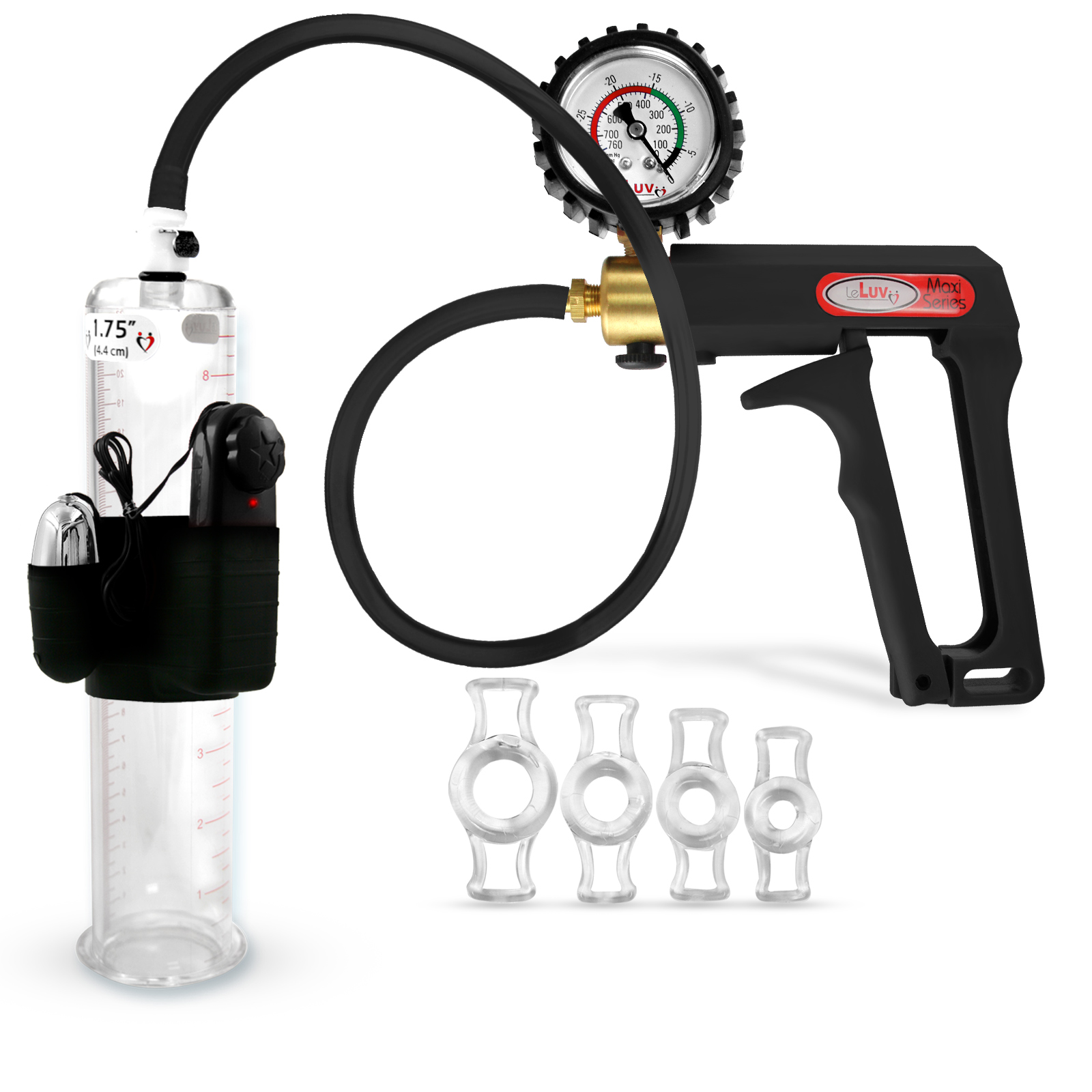 LeLuv Maxi Black Vibrating Penis Pump + Protected Gauge | Premuium Silicone Hose plus 4 Constriction Rings | 9