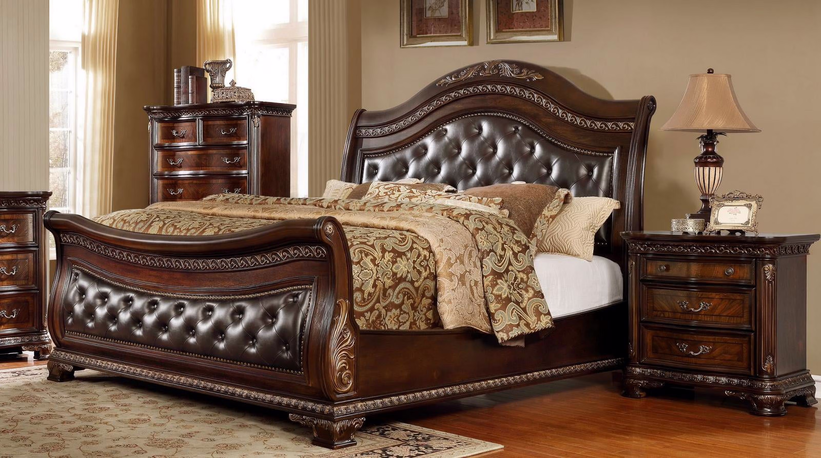Leather Headboard Sleigh King Size Bedroom Set 3Pcs McFerran B9588 Cherry