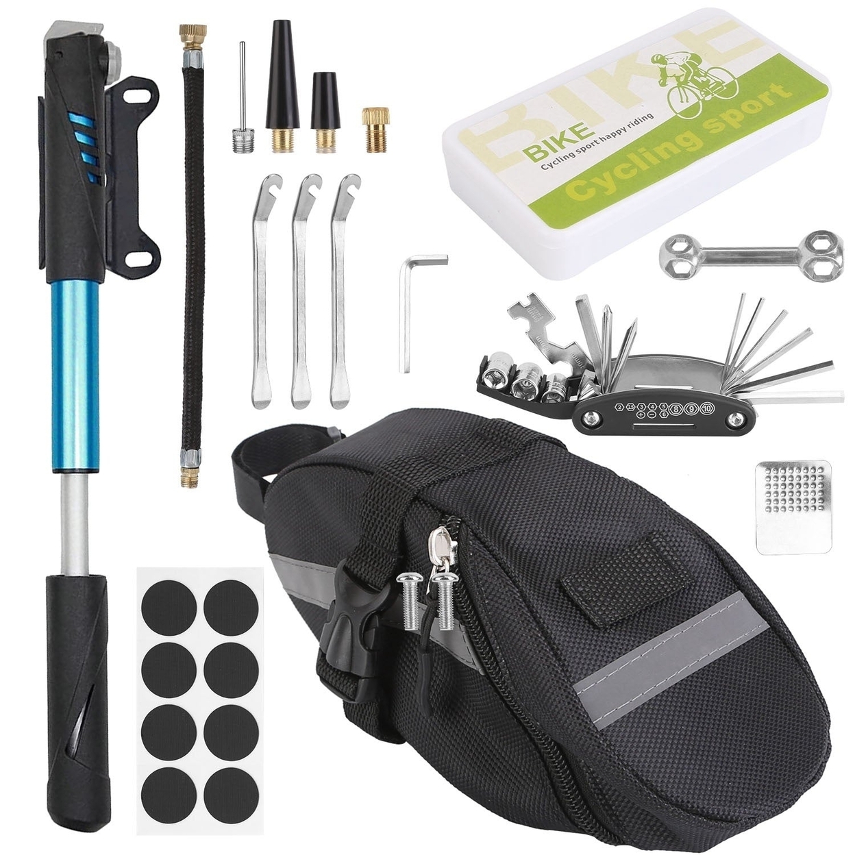 Bicycle Tyre Repair Kit Bag Bike Tire Repair Tool Kit with 16 in 1 Tool Tire Pump Tire Patches Tyre Levers Air Nozzles