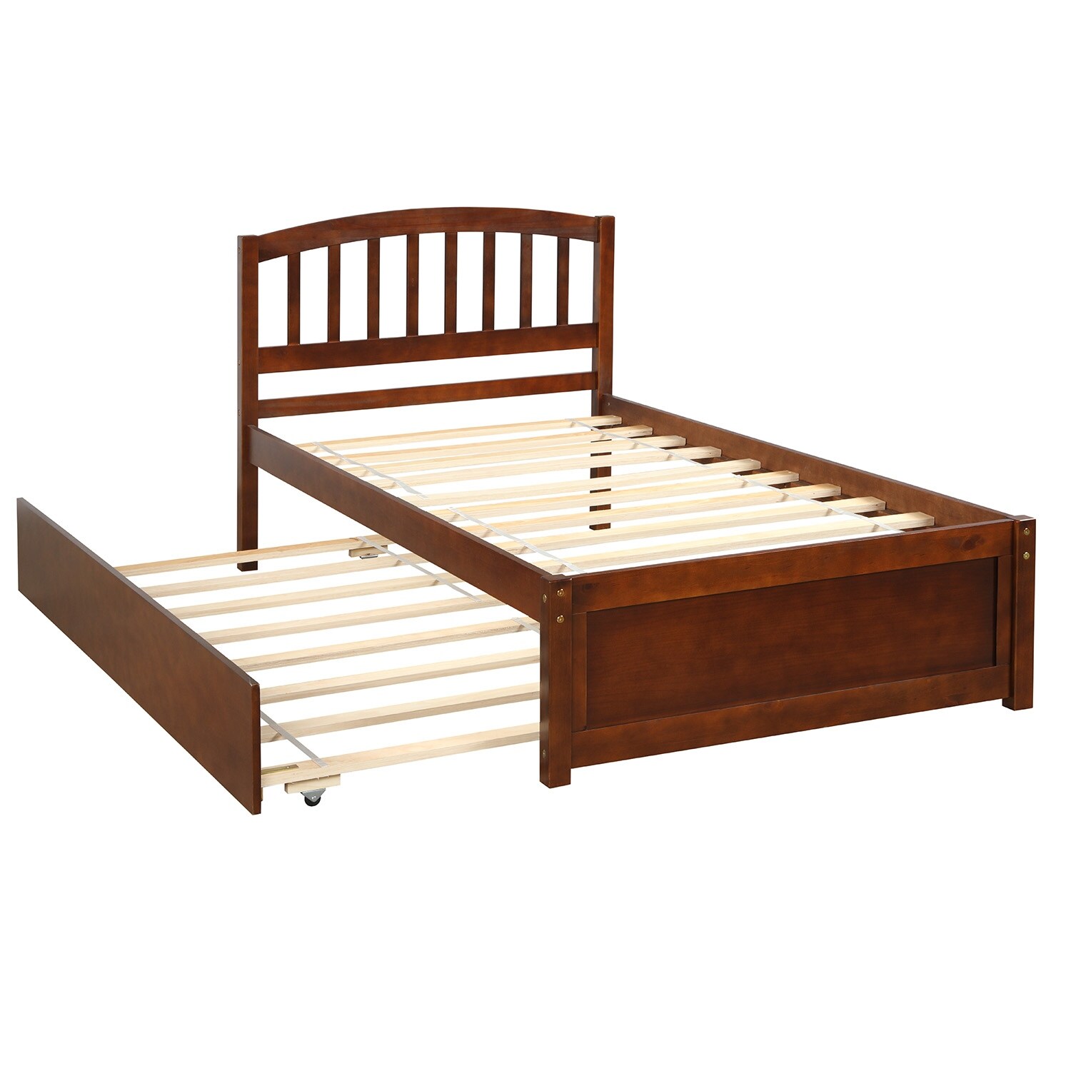 Walnut Elegant Design Twin Size Platform Bed Wood Bed Frame with Trundle Maximize Space Savings, No Box Spring Required