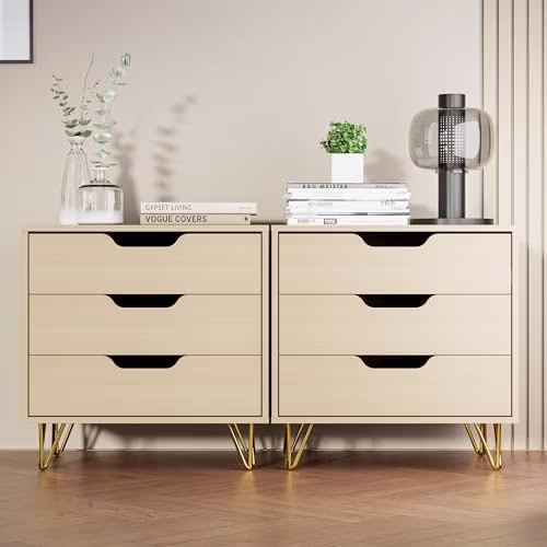 xrboomlife 3 Drawer Dresser Set of 2  Modern Dresser for Bedroom   Dressers with Wide Chest of Drawers for  Bedroom  Black Dresser for Living Room  Nursery  Hallway  Oak