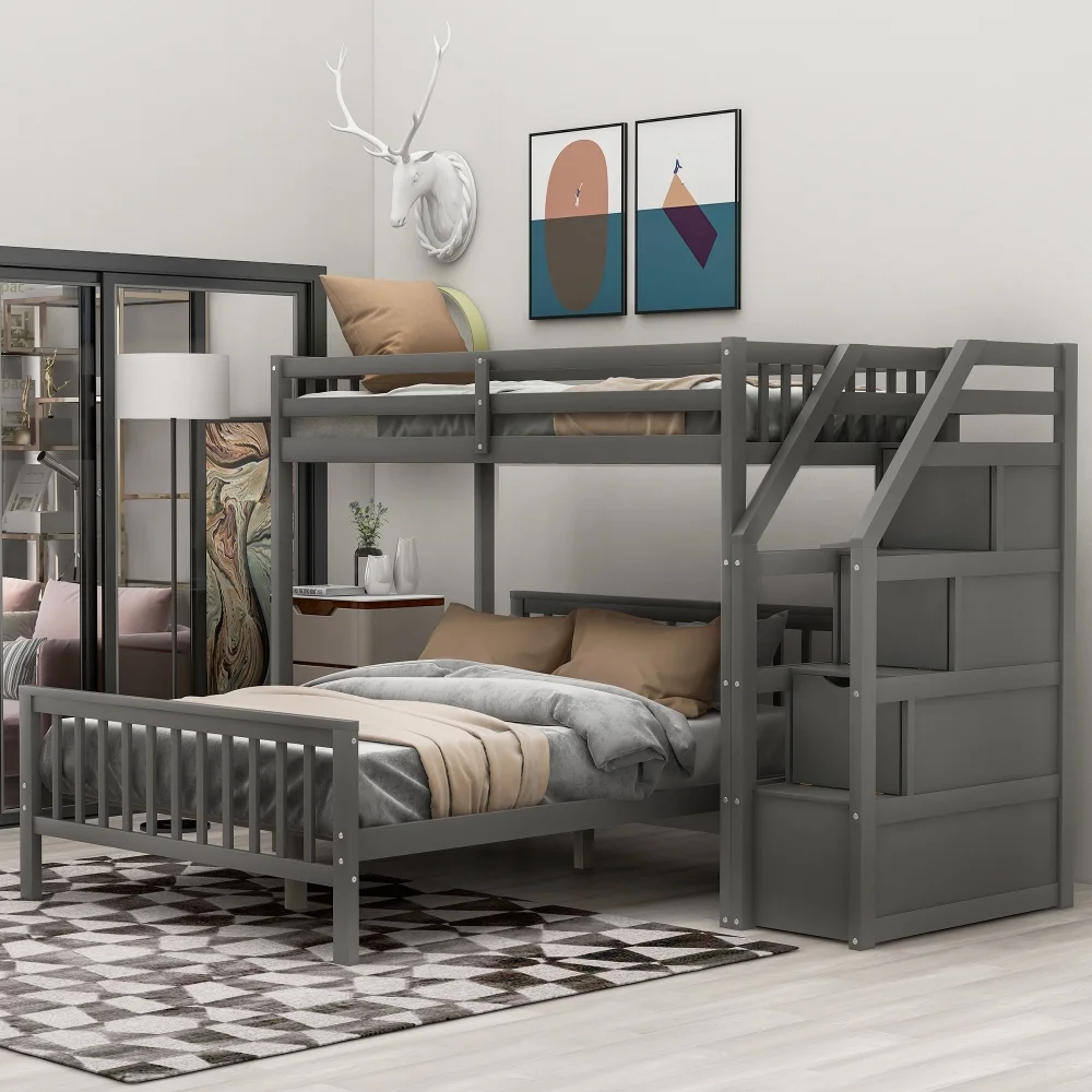 Cosymart Twin over Full Loft Bed with Staircase,Gray(OLD SKU:SM000107AAE)