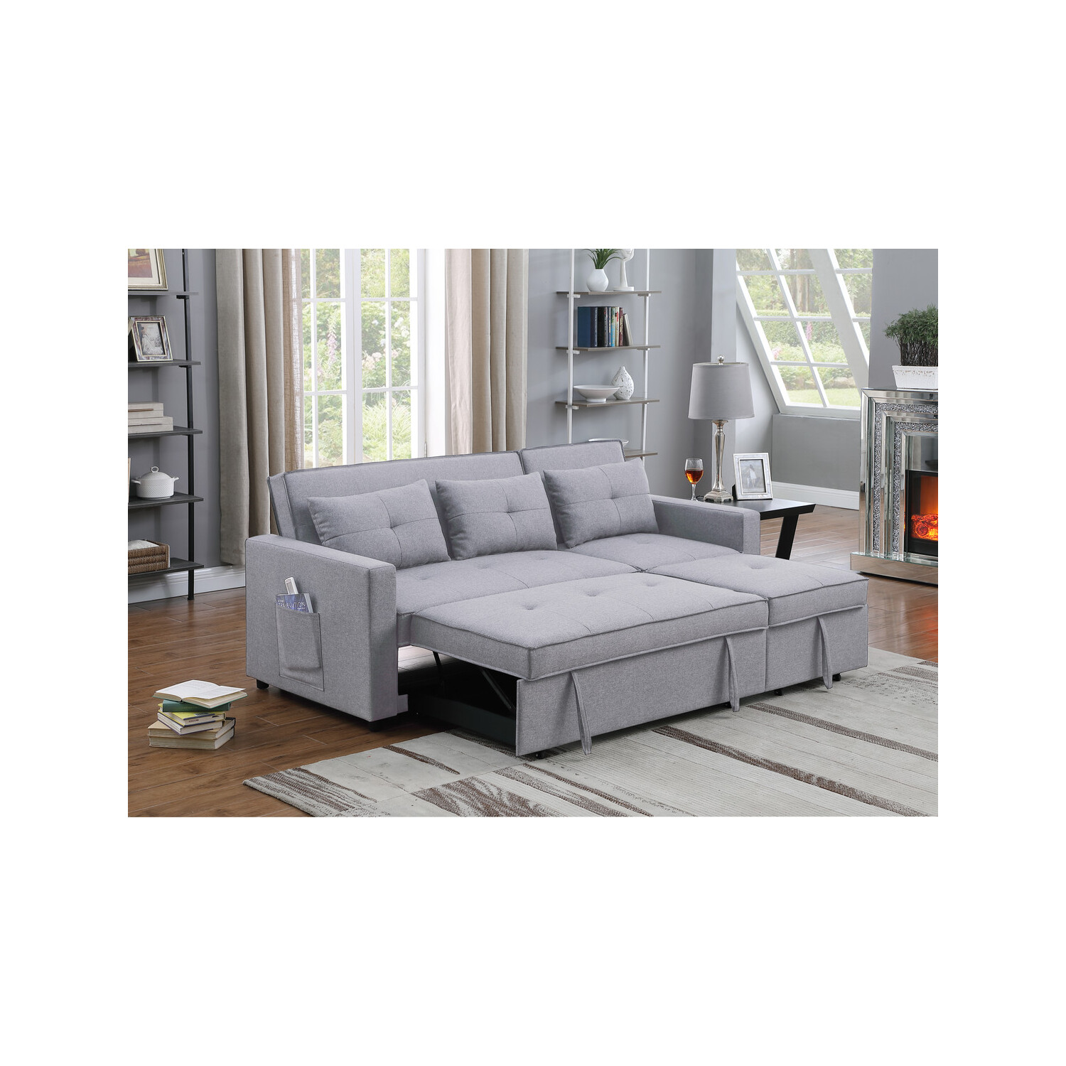 Zoey Light Gray Linen Convertible Sleeper Sofa with Side Pocket