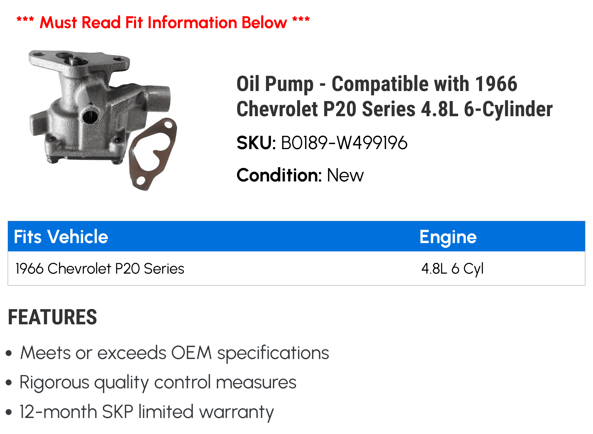 Pump - Compatible with 1966 Chevy P20 Series 4.8L 6-Cylinder