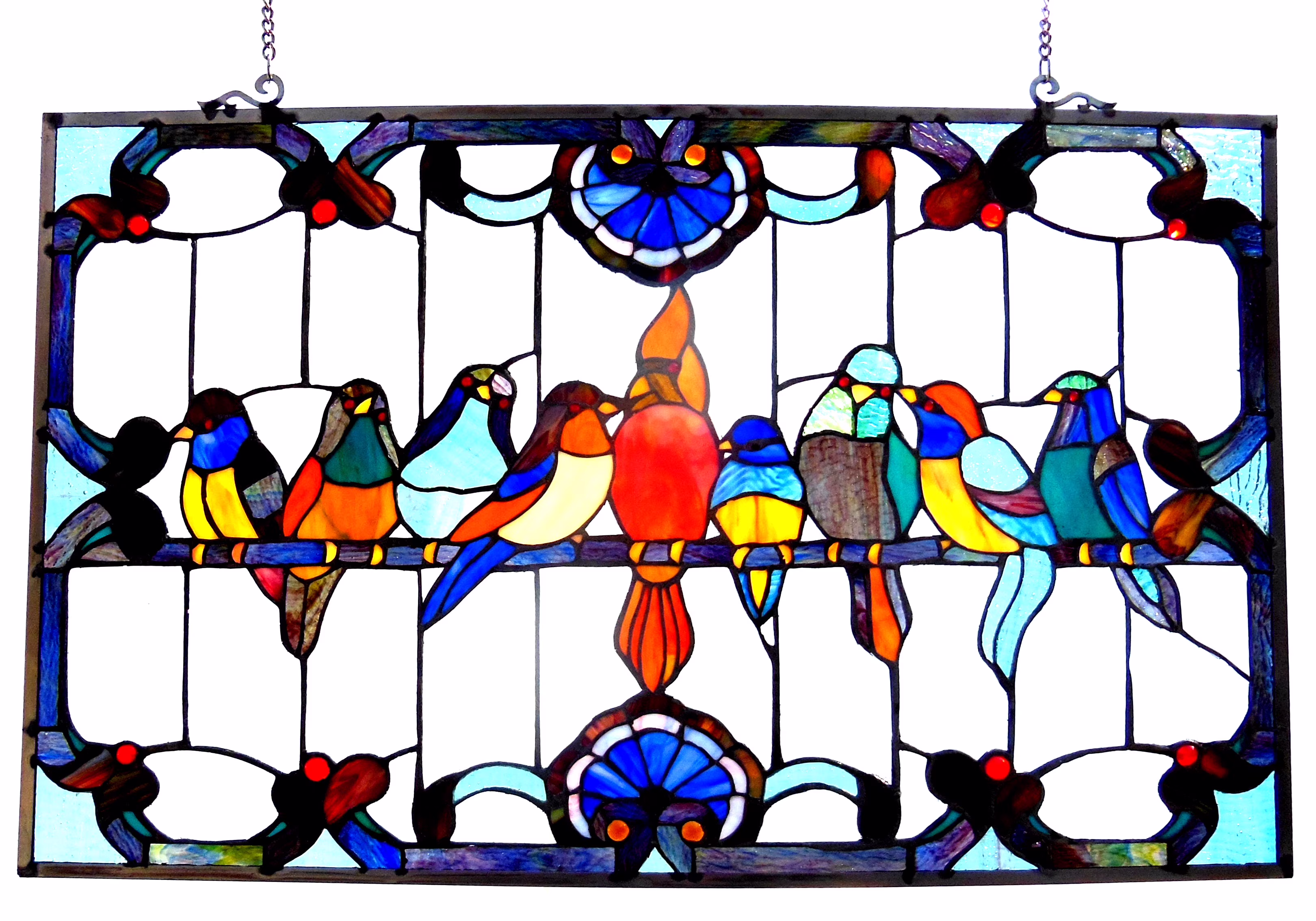 RADIANCE Goods Tiffany-Glass Featuring Gathering Birds Window Panel 32x20