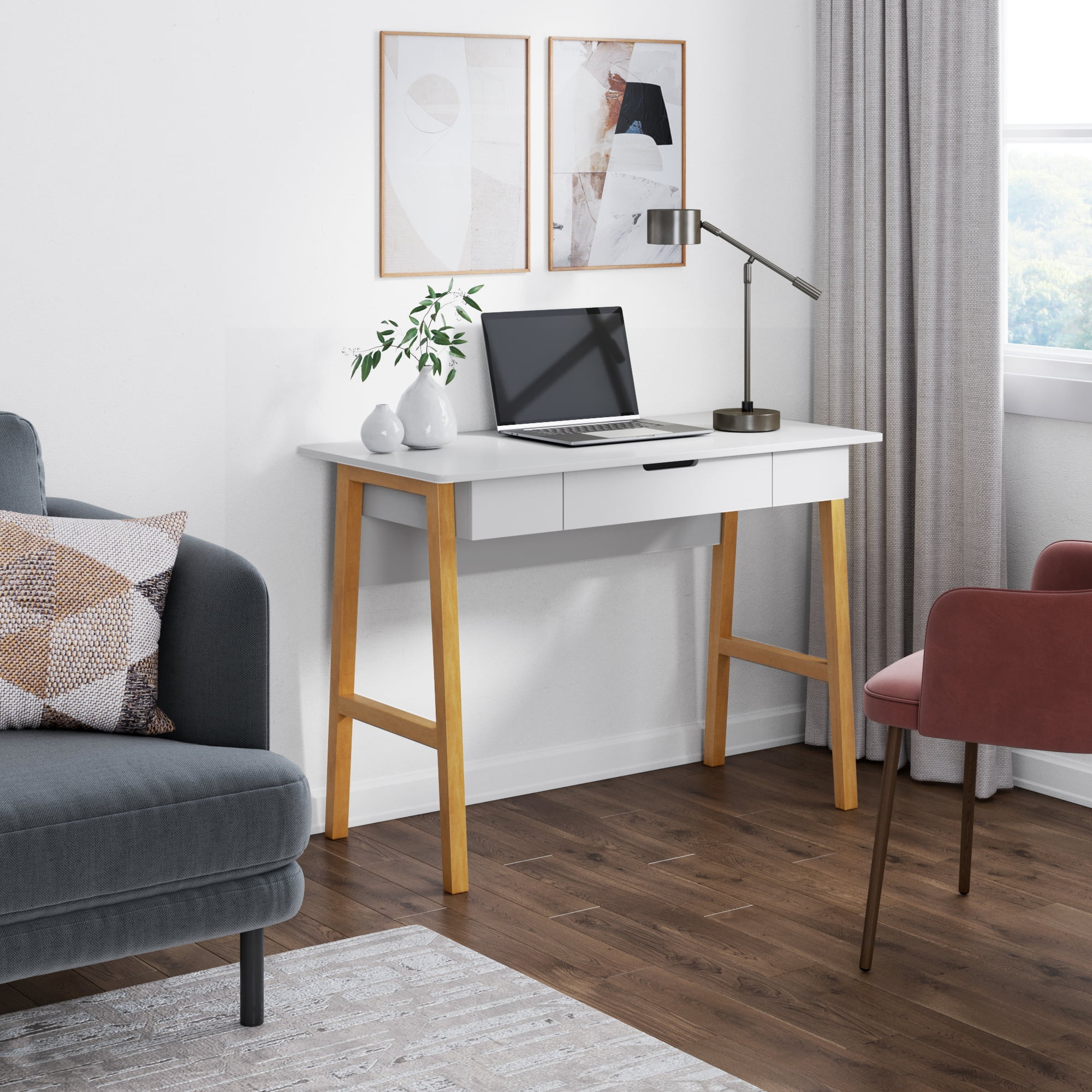 Nathan James Telos Home Office Computer Desk with Drawer White Modern Finish and Light Wood Legs