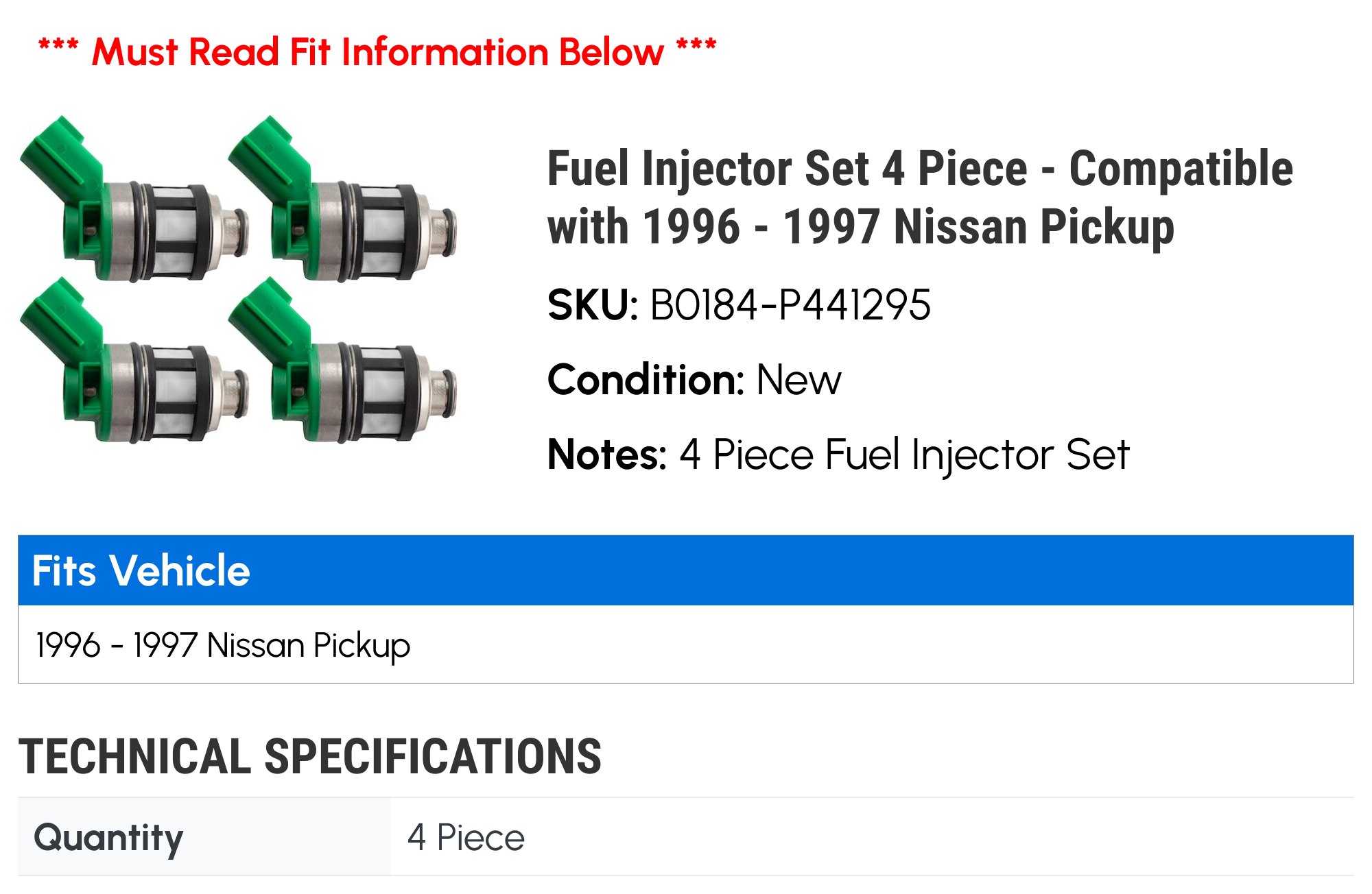 Fuel Injector Set 4 Piece - Compatible with 1996 - 1997 Nissan Pickup