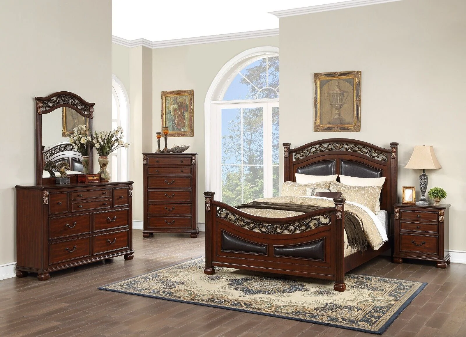 Vintage Royal Formal Brown Finish 6pc Bedroom Set Queen Size Bed Dresser Mirror Chest 2x Nightstands Furniture