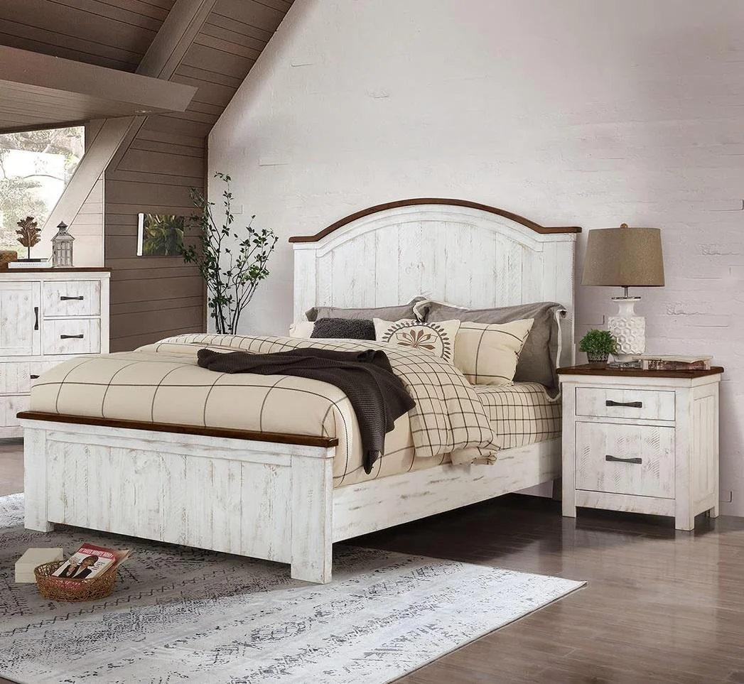 Distressed White & Walnut Solid Wood King Bedroom Set 3pcs FOA CM7962 Alyson