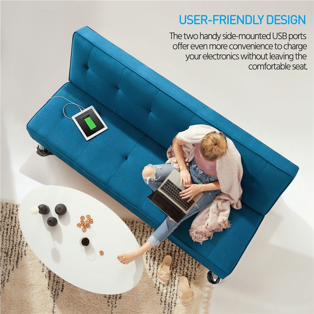 Alden Design Modern Fabric Convertible Futon with USB, Blue