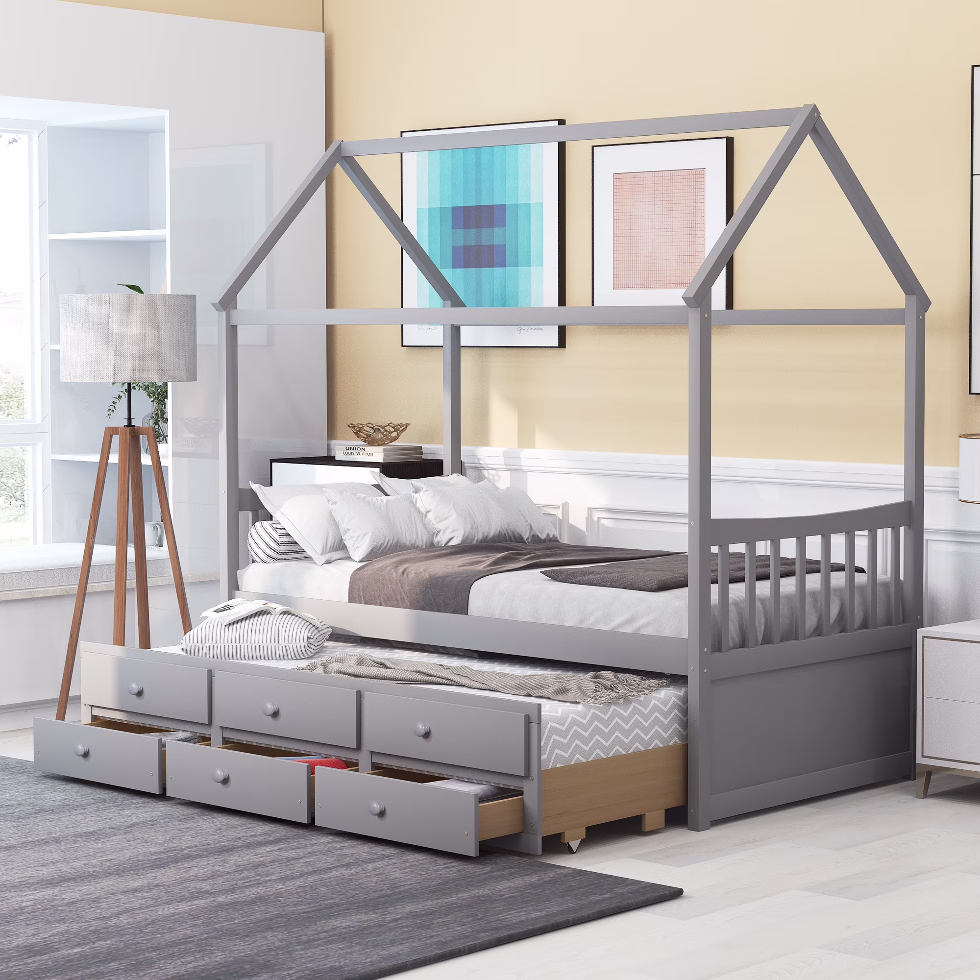 Wooden Bed Frame with Roof, Bedroom Furniture with Trundle and 3 Storage Drawers, Roof Design, Twin Size House Platform Beds, Gray