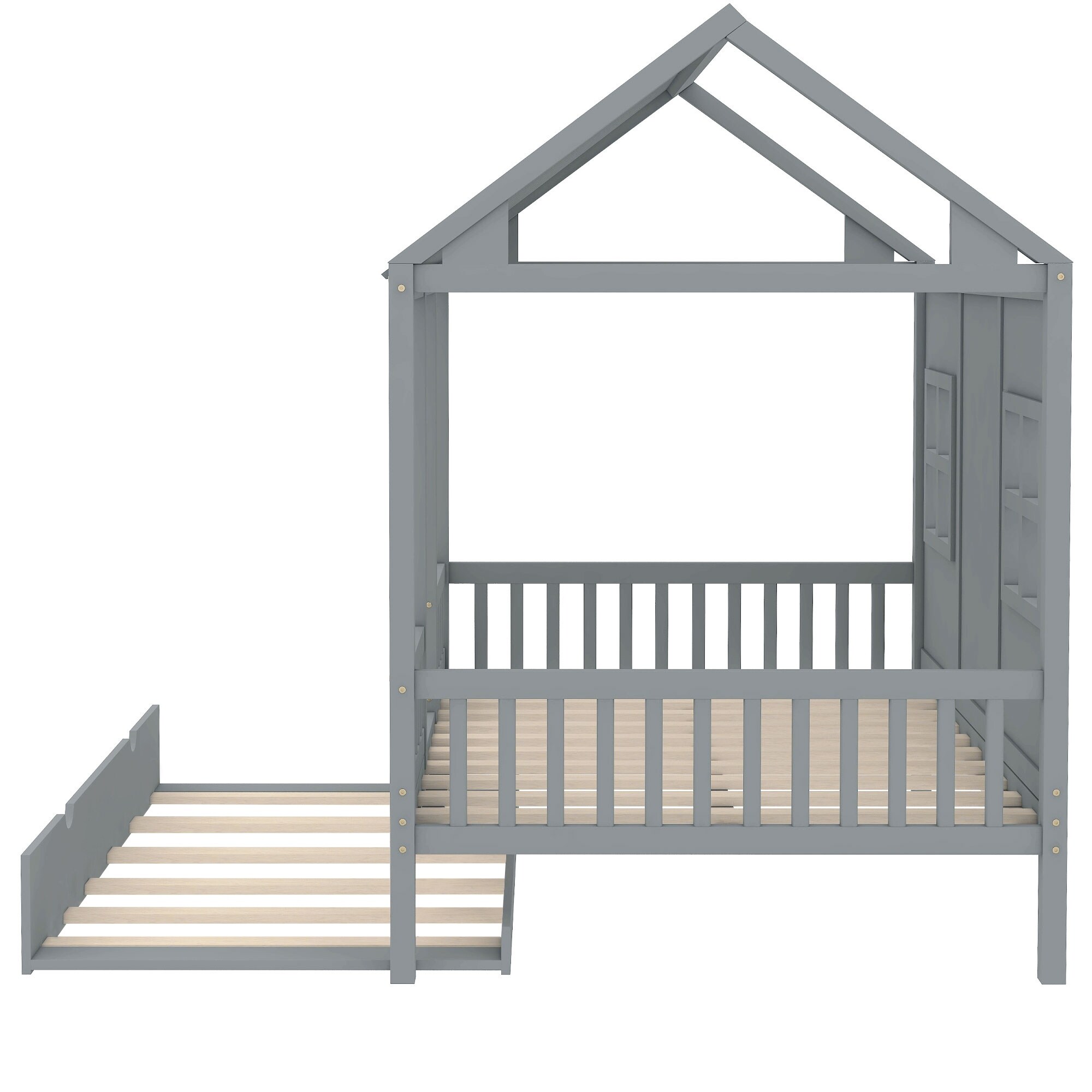 Wooden House Daybed with Twin Trundle, Roof & Windows Design Grey - Full
