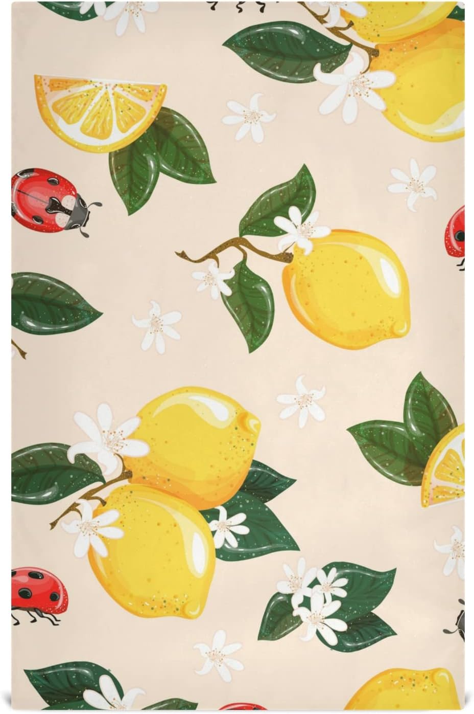 Tropical Yellow Lemons Tea Towels Set of 6 Ladybug Beige Flower Kitchen Dish Cloth with Hanging Loop, 18