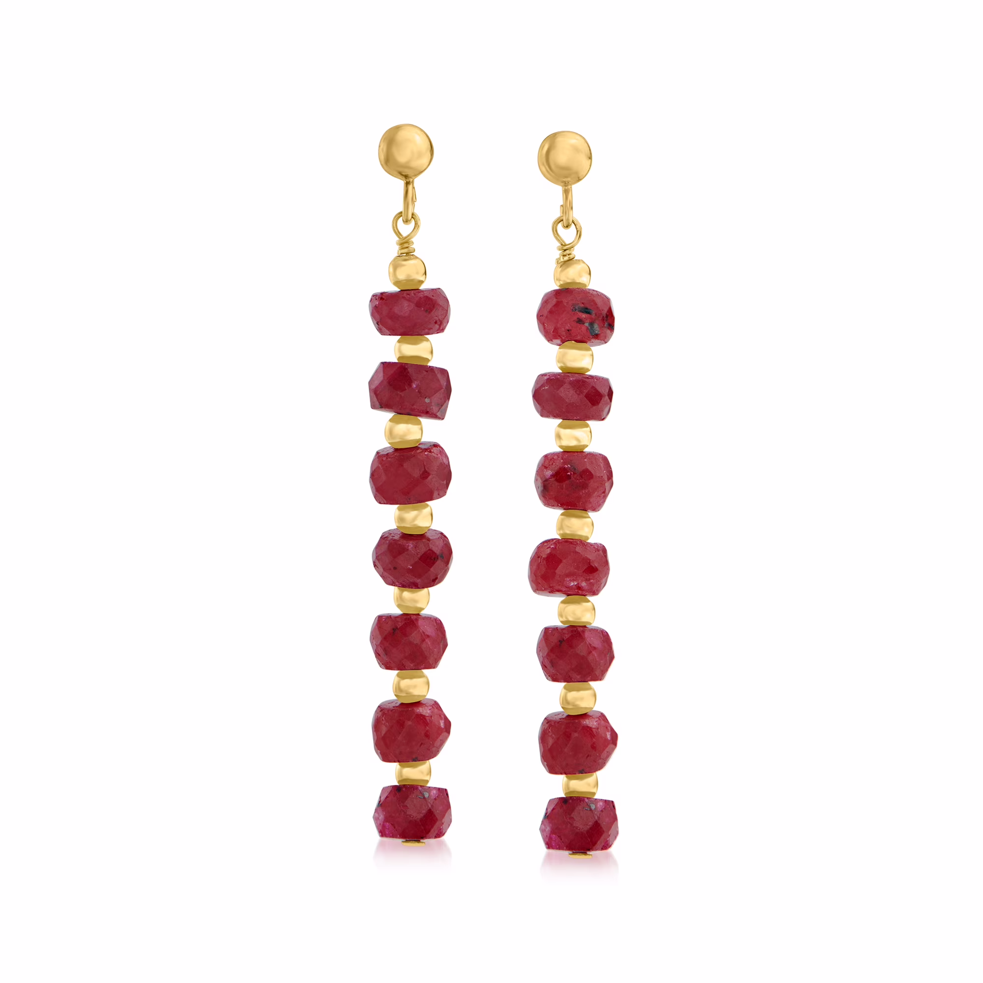 Ross-Simons 8.00 ct. t.w. Ruby Bead Linear Drop Earrings in 14kt Yellow Gold, Women's, Adult