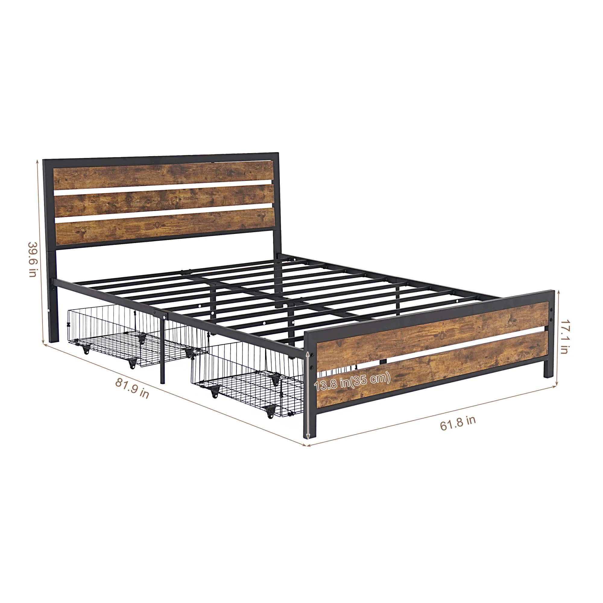 Queen Size Metal Bed Frame 800 lbs Capacity Iron Slat Bed with Headboard and 2 Storage Box Under Bed Rustic Brown