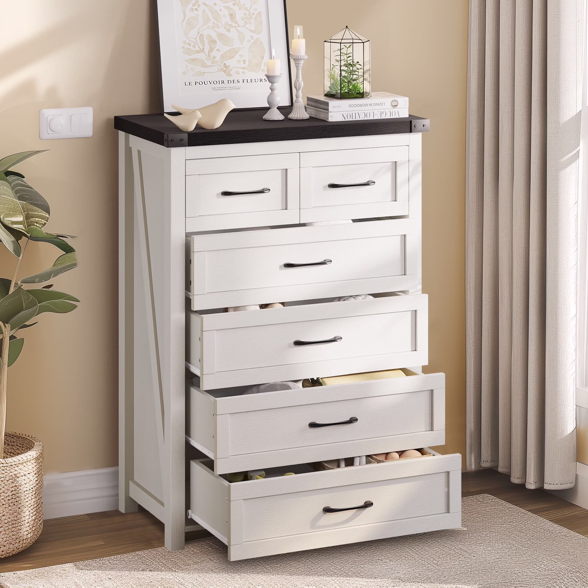 Dextrus 6 Drawer Vertical Dresser, Wood Chest of Drawers Storage Cabinet, 6 Drawer Dresser storage organizer for Bedroom, Living Room, Hallway, Nursery, White