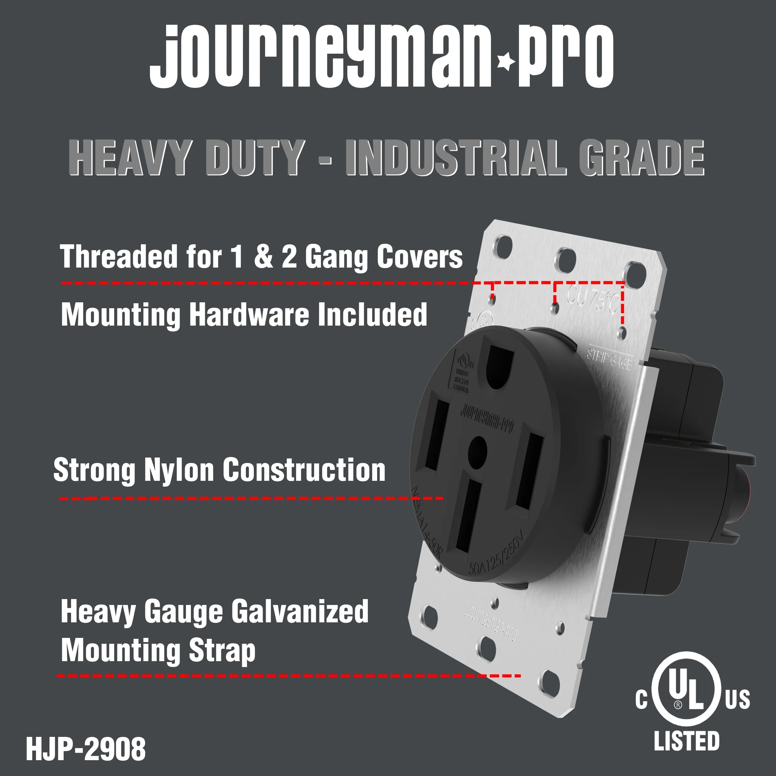 Journeyman-Pro Lifetime Guaranteed, NEMA 14-50 Commercial/Industrial Grade U.L. Approved 50 AMP 240V Receptacle 50A Wall Range Outlet for RV and Electric Vehicles, 125/250V Black or White (Black)
