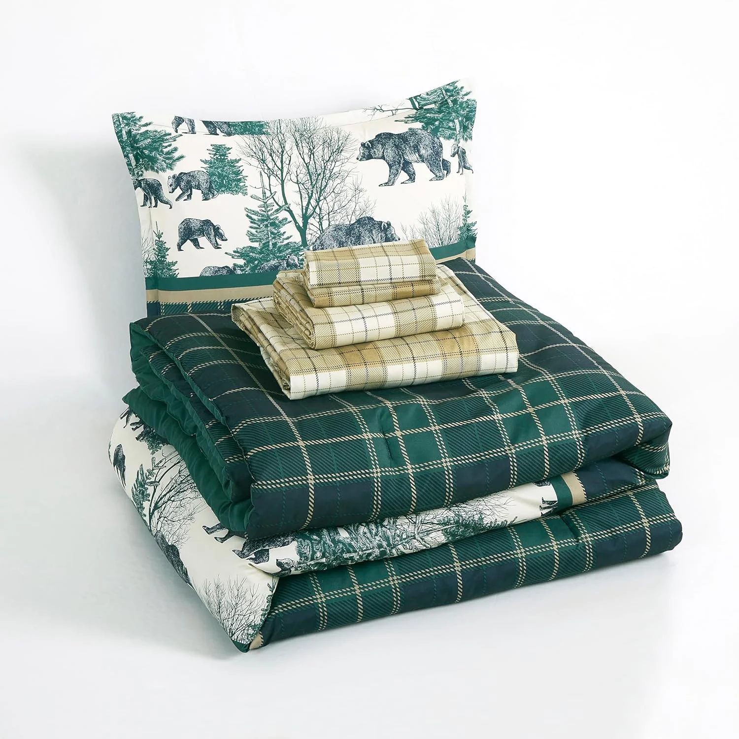 Chezmoi Collection Alpine 7-Piece Northwest Cabin Lodge Bed in a Bag King Comforter Set, Blue Green Ivory Tan Grizzly Bear Pine Tree Wilderness Printed Microfiber Bedding Set