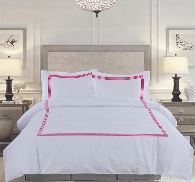 BedDecor Luxury Soft Brushed 600-Thread-Count Egyptian Cotton Embroidered Duvet Cover Set with Beautiful 3-Stripe Embroidery Emperor, Hot Pink Solid