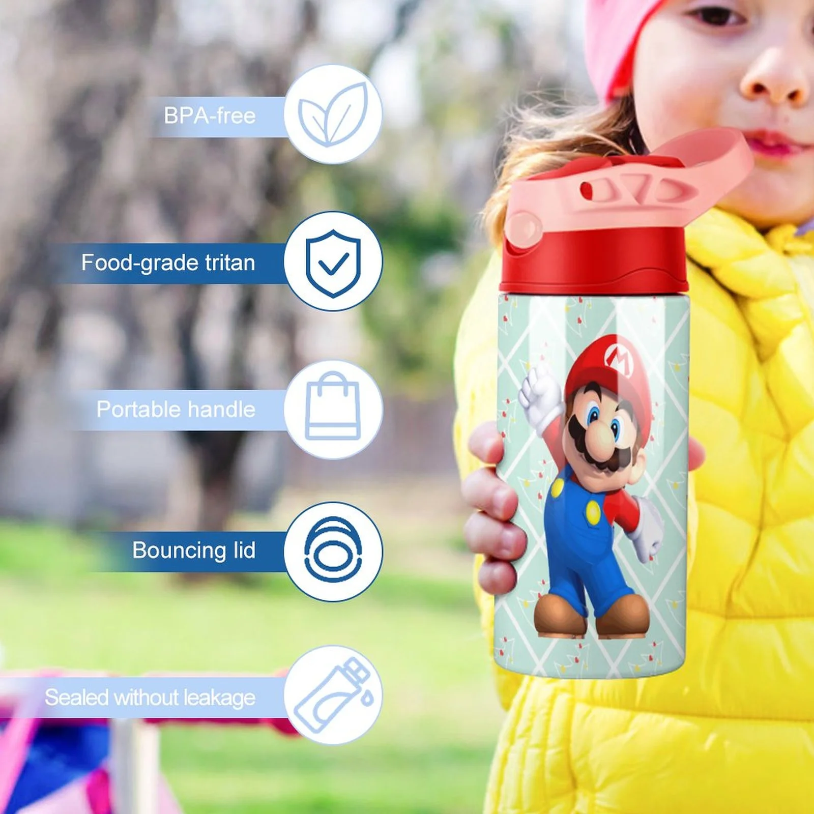 Super Mario Cute Kid's Insulated Water Bottle With Straw Vacuum Stainless Steel Cup Leak-Proof Children Toddler Thermoses