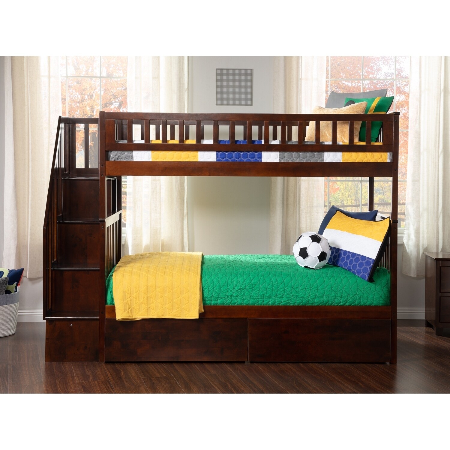 AFI Woodland Staircase Bunk Bed Twin over Twin with 2 Drawers in Walnut