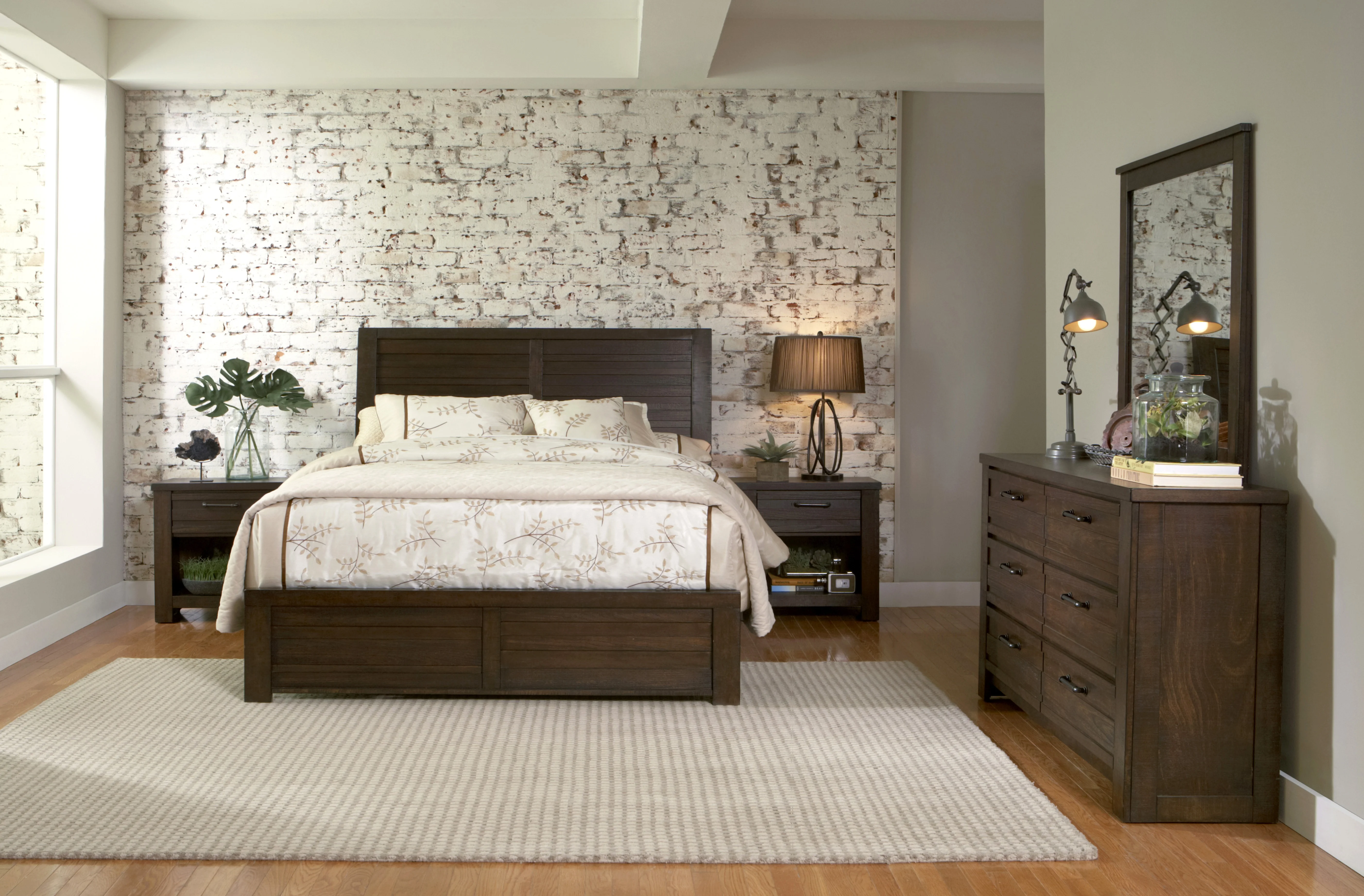 Sedona Transitional Wood Bedroom Set, Panel King Bed with Dresser, Mirror, Two Nightstands in Espresso