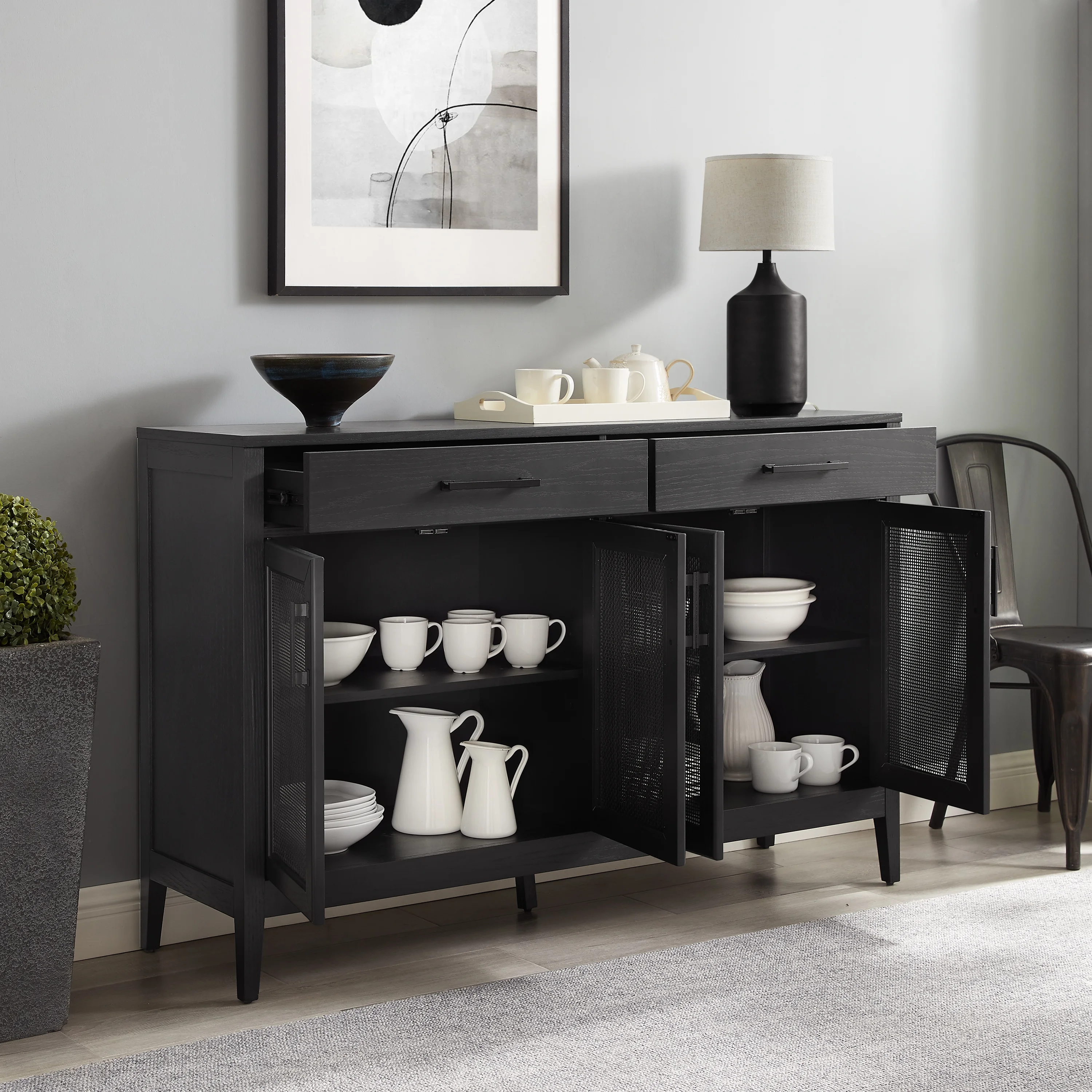 Crosley Furniture Milo Modern MDF Wood and Rattan Sideboard in Black