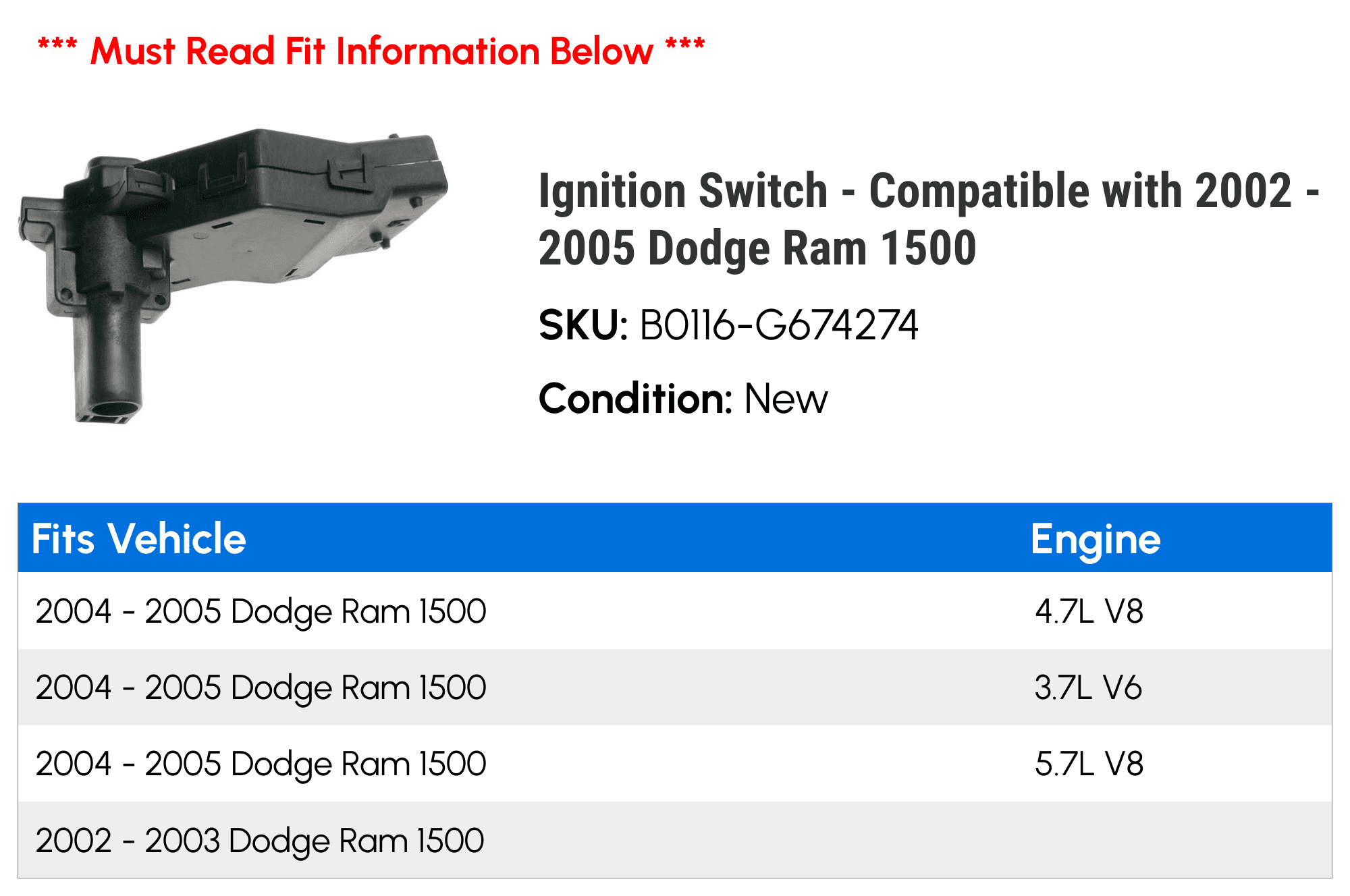 Ignition Switch - Compatible with 2002 - 2005 Dodge Ram 1500 2003 2004