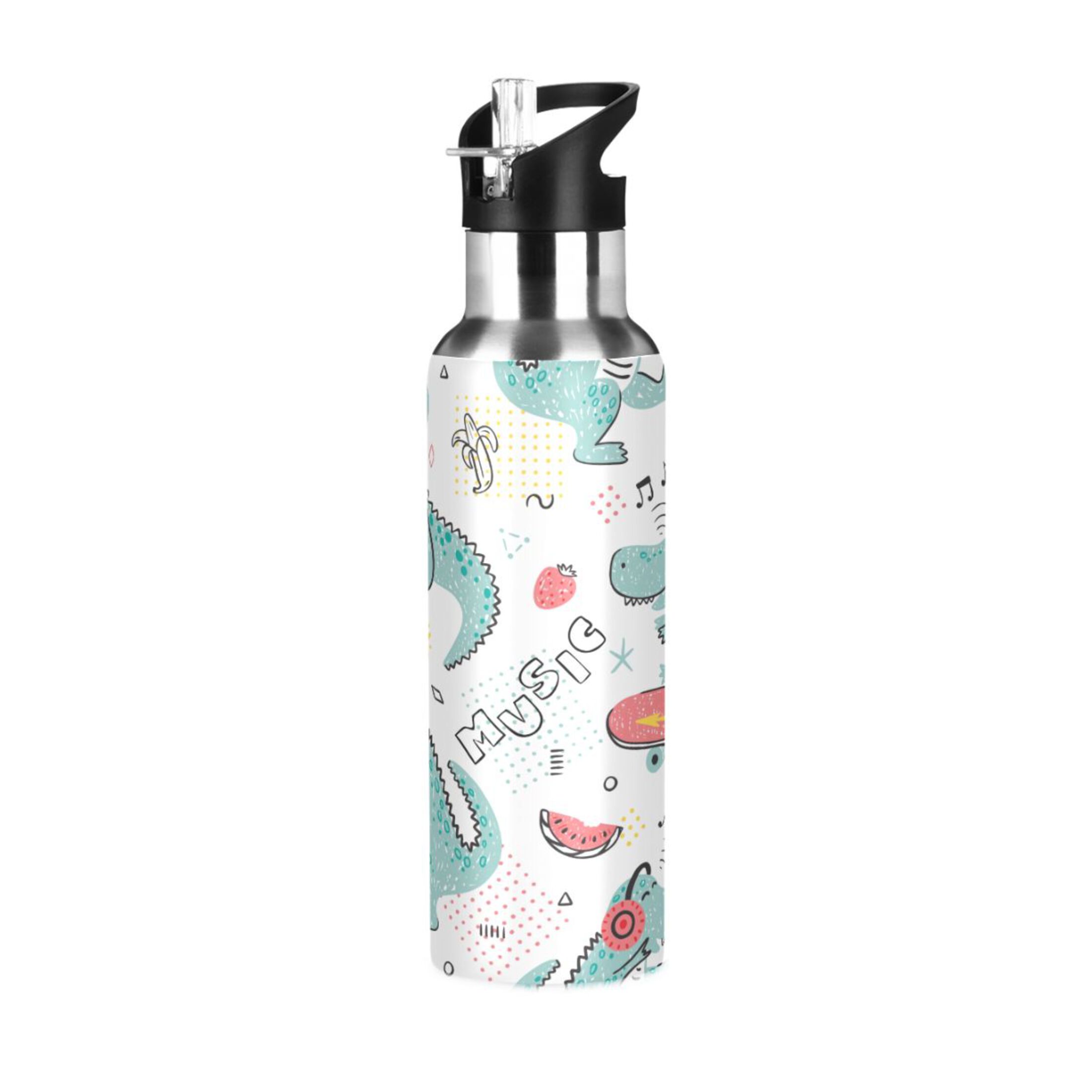 Water Bottle with Straw Lid Leak Music Lover Dinosaur Fashion Stainless Steel Insulated Thermos Vacuum Flask for Cold Hot Drinking for Sports Camping Gym Yoga