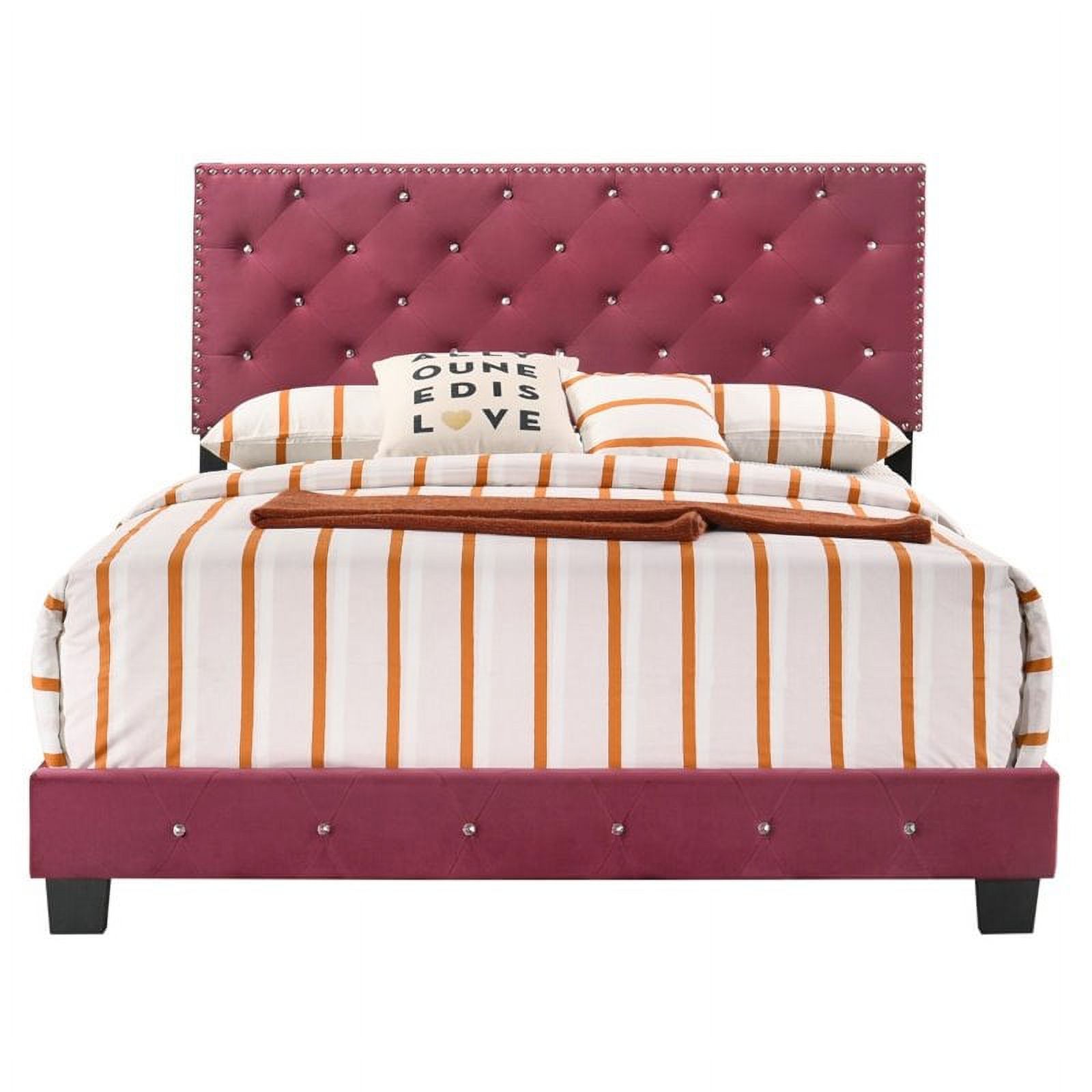 Maklaine Transitional Upholstered Velvet Queen Bed in Cherry